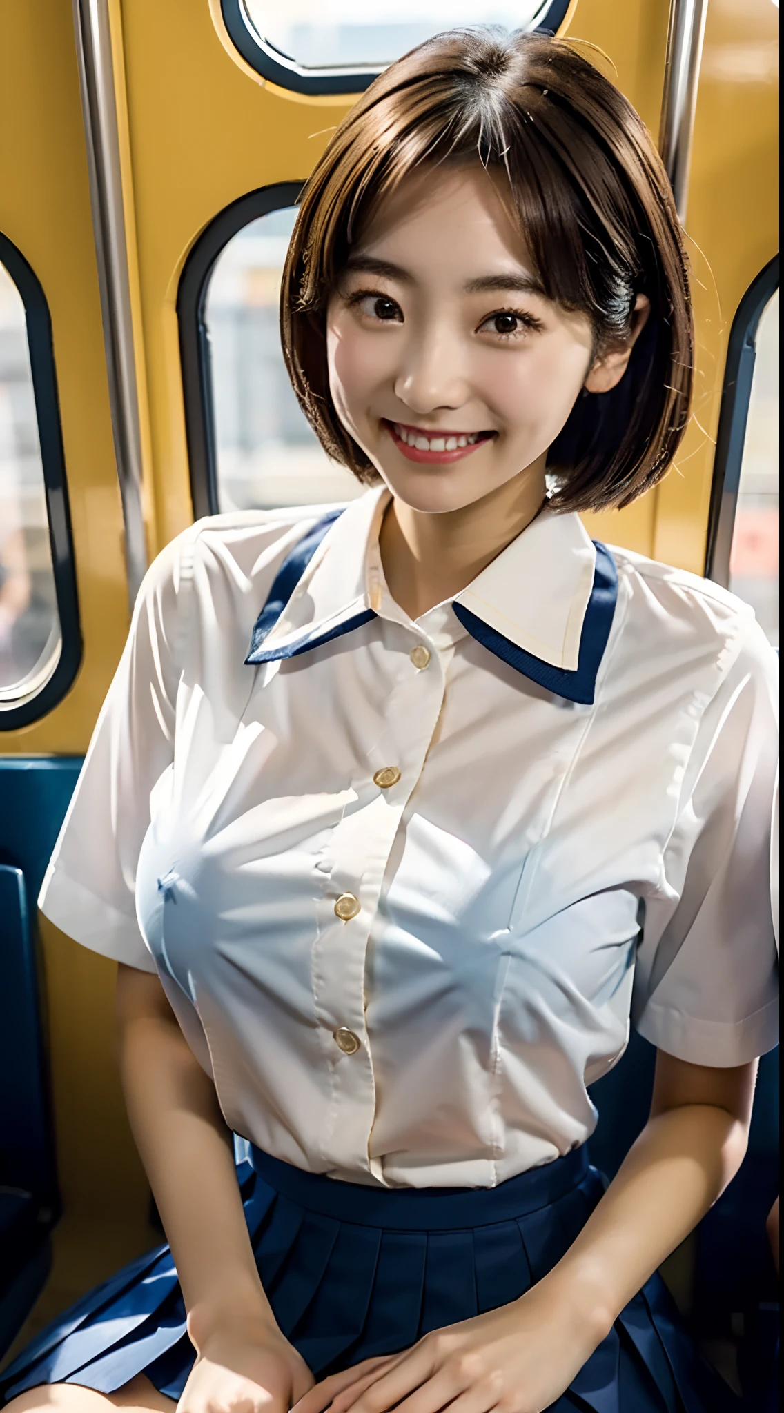 (8K, 超A high resolution, Best Quality, masutepiece:1.1),(18year old:1.1)、RAW portrait of japanese girl、Photorealsitic、超A high resolution、top-quality、hi-school girl、(Tight High School Uniforms、White Cutter Shirt、Navy Pleated Mini Skirt、quite massive chest、Pretty big breasts、toned body:1.4)(Brown hair shortcut、Japan Cute Woman:1.18)、Cute smile、lowfers、(On a crowded train with many people:1.1)