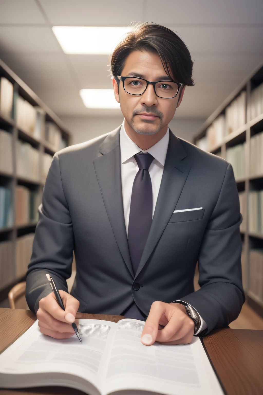 Develop an extremely realistic visual representation of a mature individual, aged 40, black hair, glasses and light brown eyes, wearing a suit and tie, The image should capture the elegance of the character in a sophisticated office setting, absurd hyper realistic, RAW photo, 8k UHD DSLR, SOFT lightinhg high quality, film grain fujufilm XT3, having the blurred background of an office or library.
negative of face, feet, hands duplicated, low quality, low resolution, , Beautiful rendering of 3ds Max, Volumetric lighting, global ilumination, ray tracing, Hiper-realismo detalhado, manga --in 2:3 --q 2 50 --v 5 --s 2