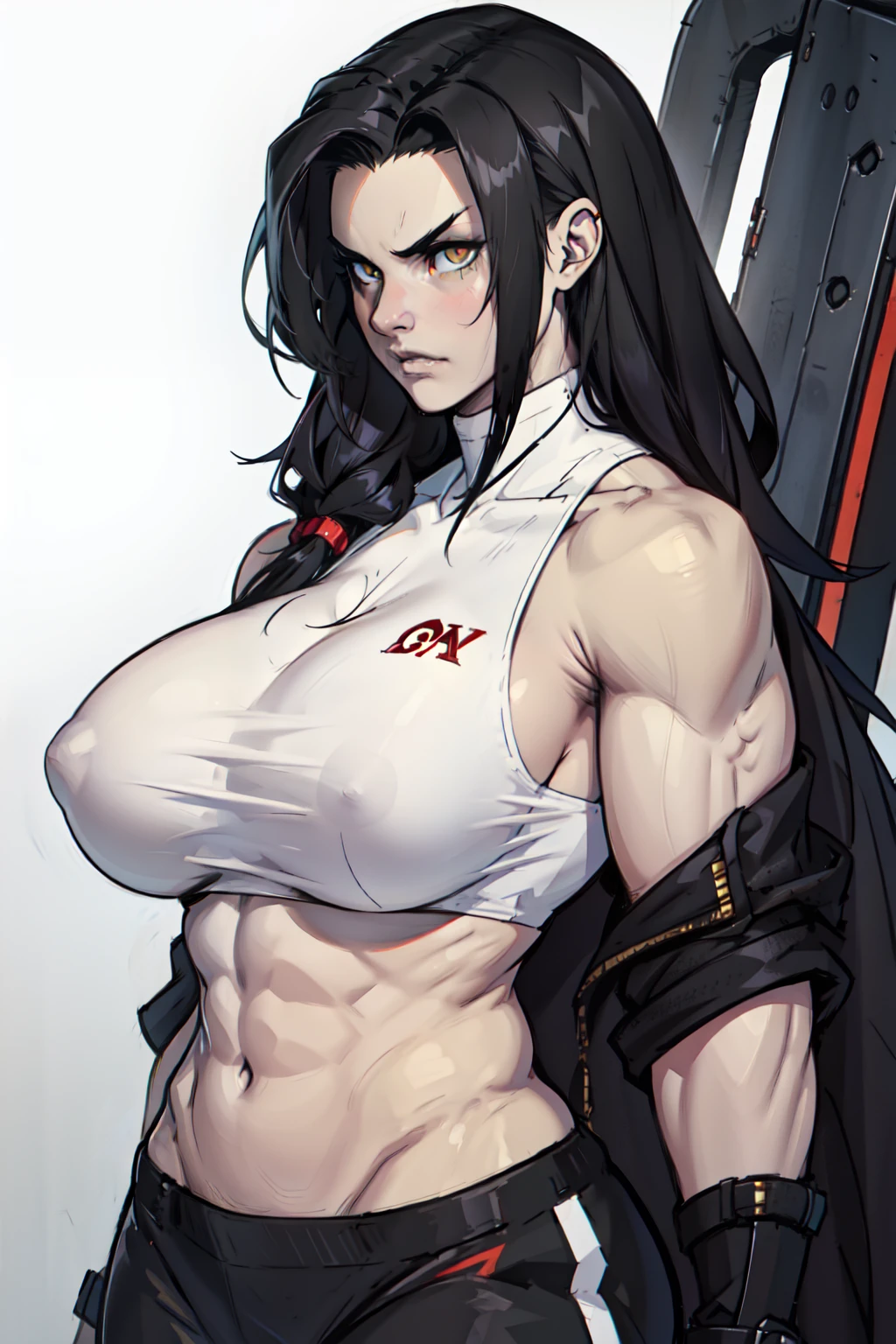 ((muscular)) 1 girl huge breasts black hair yellow eyes pale skin very long hair angry