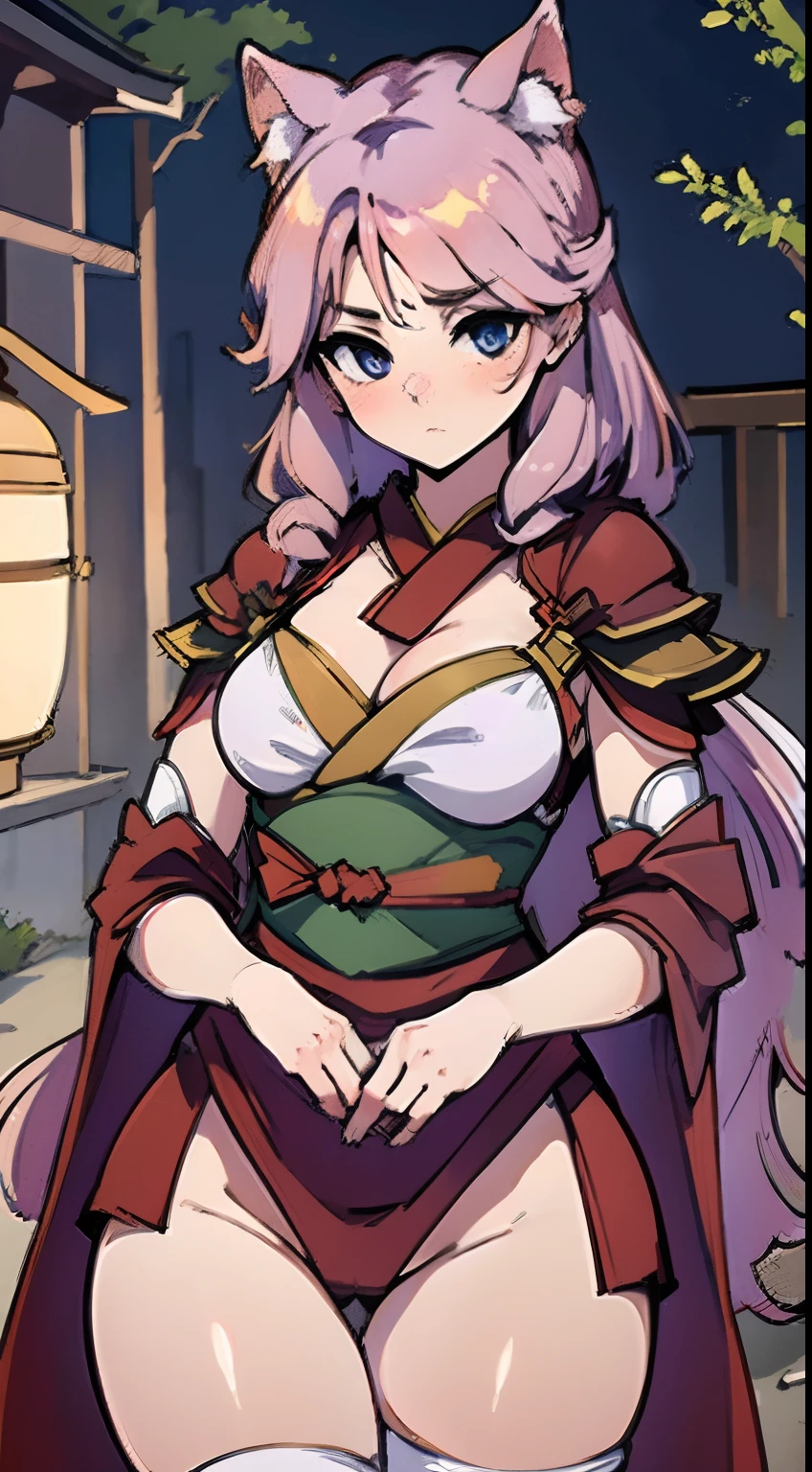 (Best quality:1.4), A high resolution, Masterpiece,, 1girll,, Light purple hair, Purple eyes, (kemomimi), Medium breasts, Bare slender thighs,, hair adornments, (Red|White Japanese Shinmitsu costume), Detached sleeves,, Blush,, lantern, Shrine,, Detailed face,