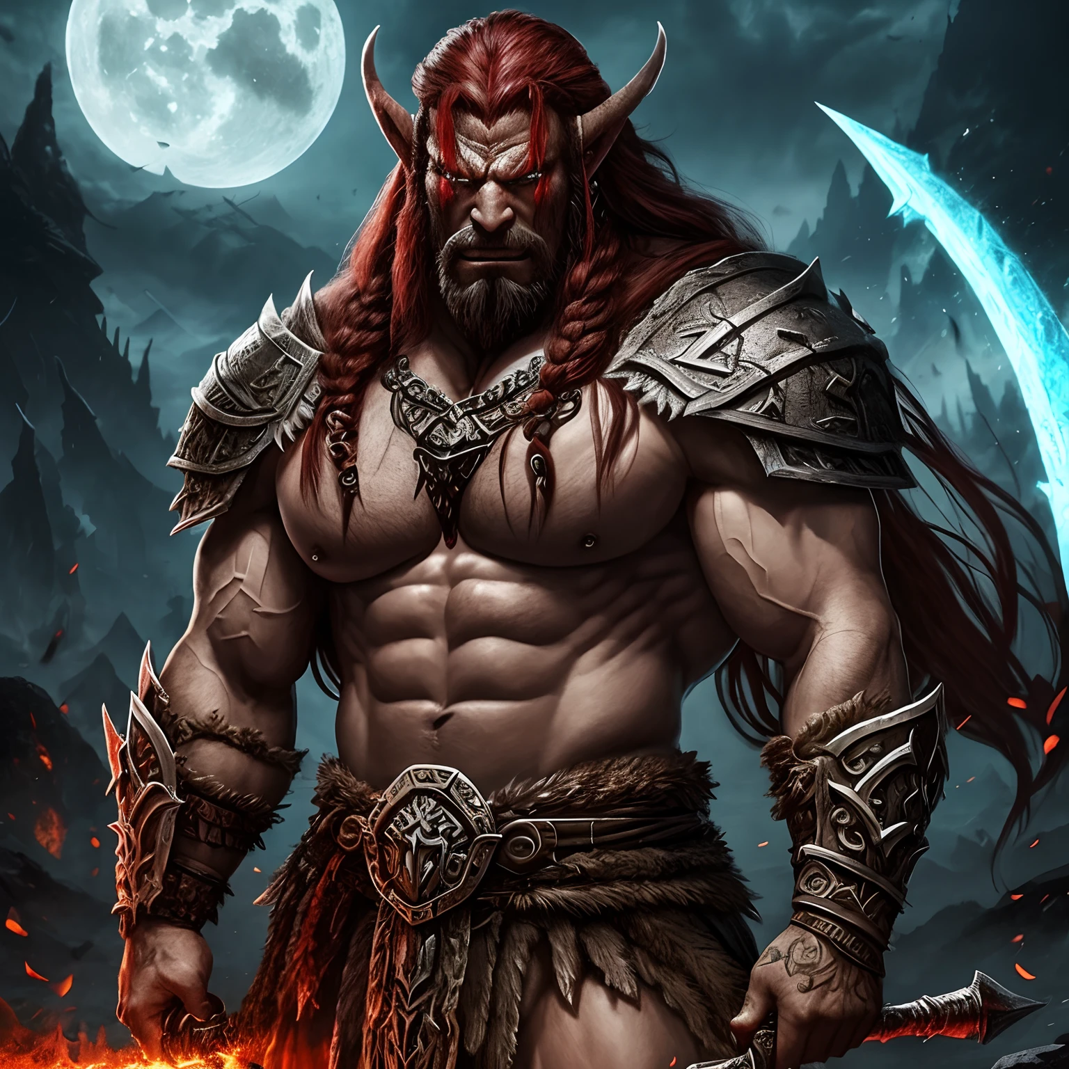 Berserker, Barbarian Orc,  Arte de Fantasia, of his gaze alone enemies beginning to panic, one head, devilish smile, besta do inferno, demonio, White Fire Sky, guerreira, com foice e escudo, Lindo, orcs, Werelion, Long red braided hair, olhos dourados brilhantes, realista, altamente detalhados, Motor irreal, 8k de luxo