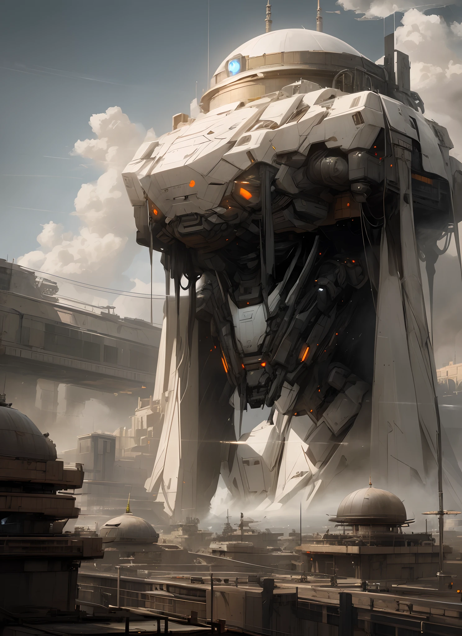 A futuristic building with a giant robot on top of it, Craig Mullins(Craig Mullins)The Inspiration of, Craig Mullins Necro, Craig Mullins(Craig Mullins) Greg Rutkowski(Greg Rutkowski), high quality digital concept art, Amazing sci-fi concept art, in door : Craig Mullins, Wojtek FUS, Craig Mullins Style, bastien grivet, inspired by Marek Okon, Detailed digital concept art