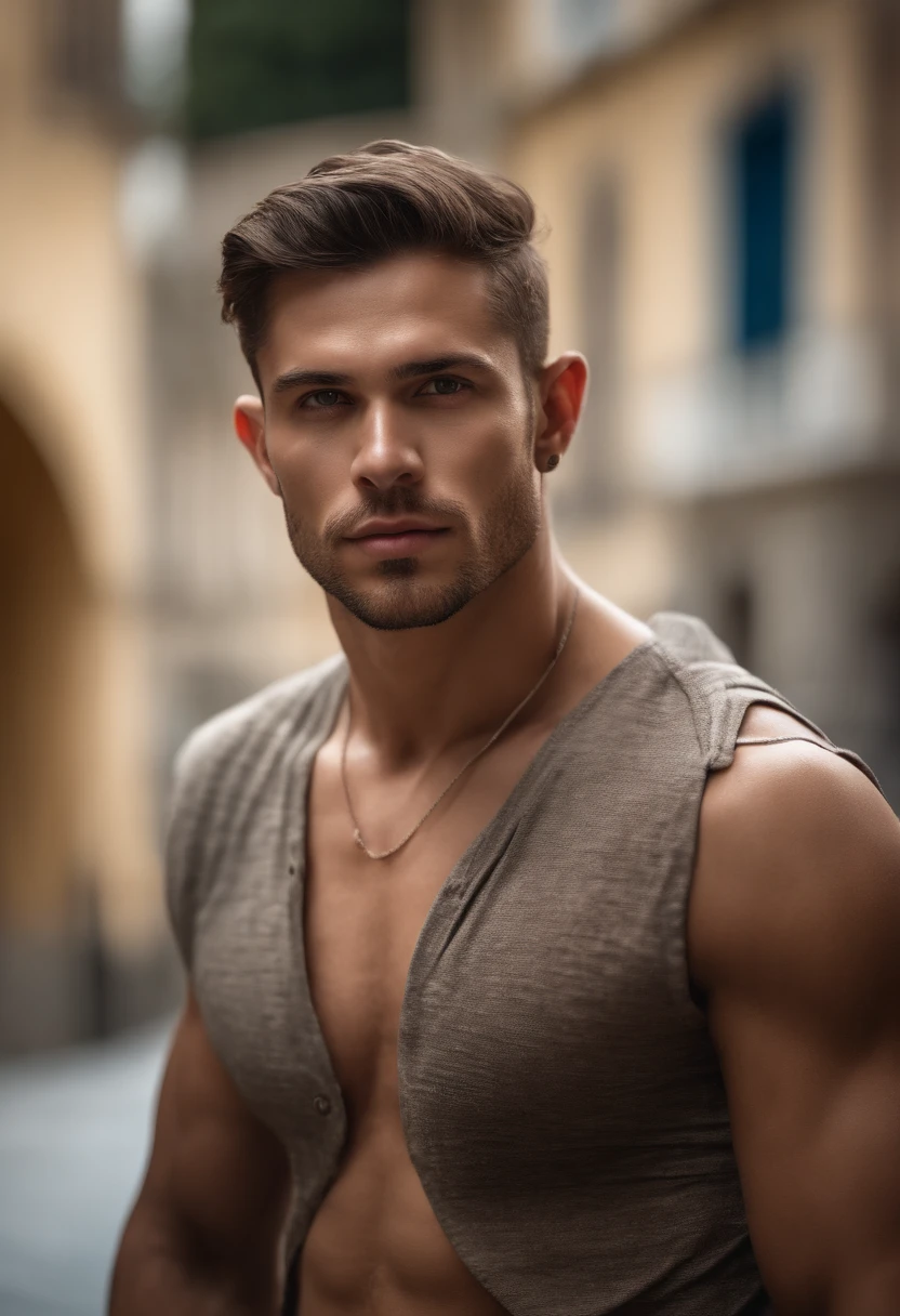 (best quality:1.2,4k,Altas),(Aesthetic photo,fotorrealista:1.37) Portrait of a handsome czech man with piercing blue eyes and an athletic body. The man has a collection of intricate tattoos covering his arms and chest. ele permanece confiante, suas pernas ligeiramente afastadas, showing off your toned physique. He's shirtless, usando apenas um par de cuecas brancas, which accentuates a noticeable bulge. The man is tall, Exuding a commanding presence. The image is ultra-detailed, capturing every minute feature of your face and body. The portrait is extremely realistic, with realistic textures and proportions. The artwork focuses on the man's exquisite facial features, destacando seu olhar intenso e maxilar bem definido. The colors in the image are vivid, imergindo o espectador em uma atmosfera vibrante. The warm tone creates a feeling of comfort and allure. Soft lighting softly illuminates the man's face, Casting Subtle Shadows and Adding Depth to the Image.