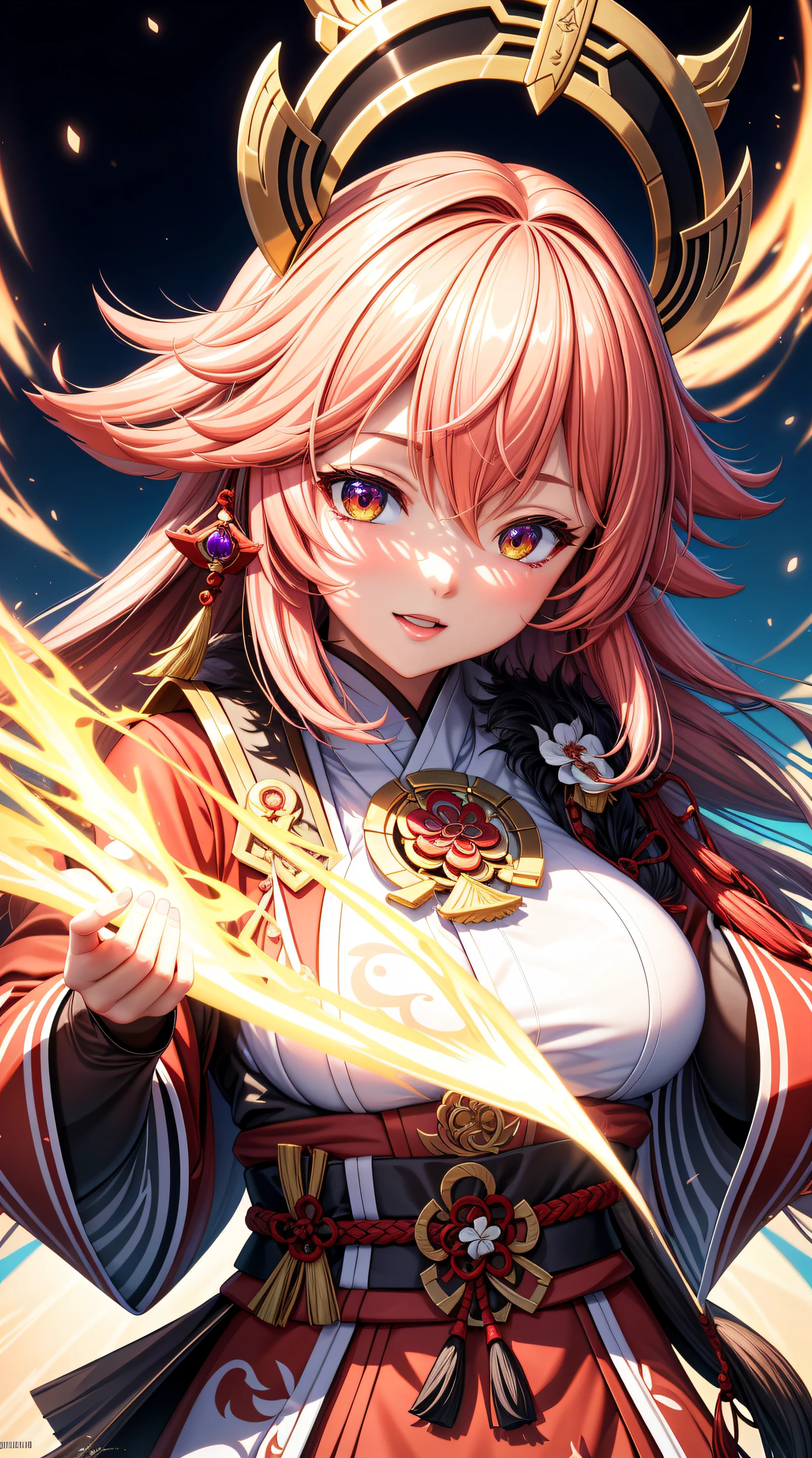 (best quality:1.5, highres, UHD, 4K, detailed lighting, shaders), Yae Miko from genshin impact, large breats, (pov), portrait, white background