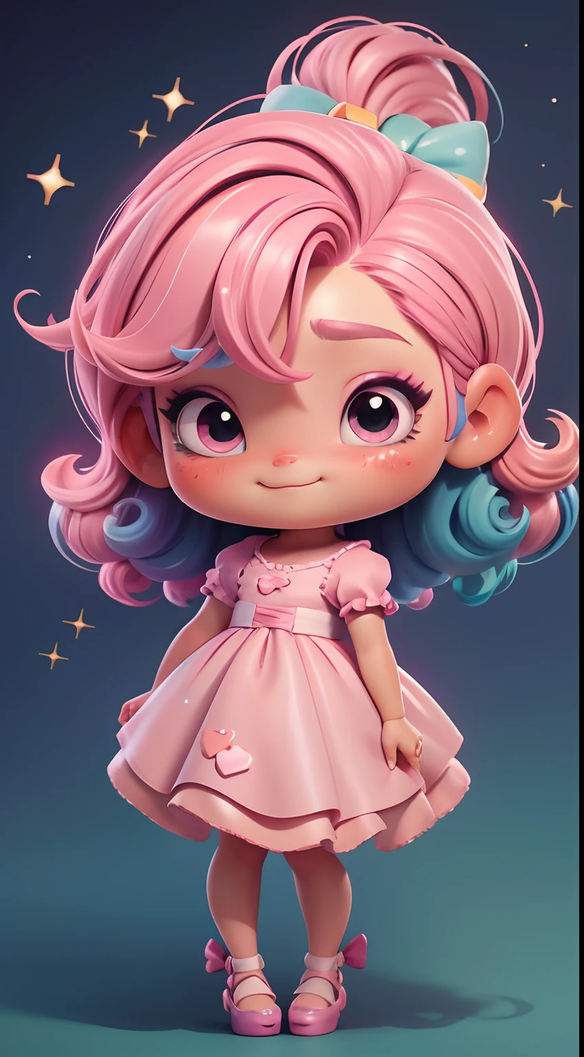 Uma menina chibi, vestido rosa, cabelos grandes, Rainbow hair colors, sapatilhas, pink hair bow, Glitter, sorrir,