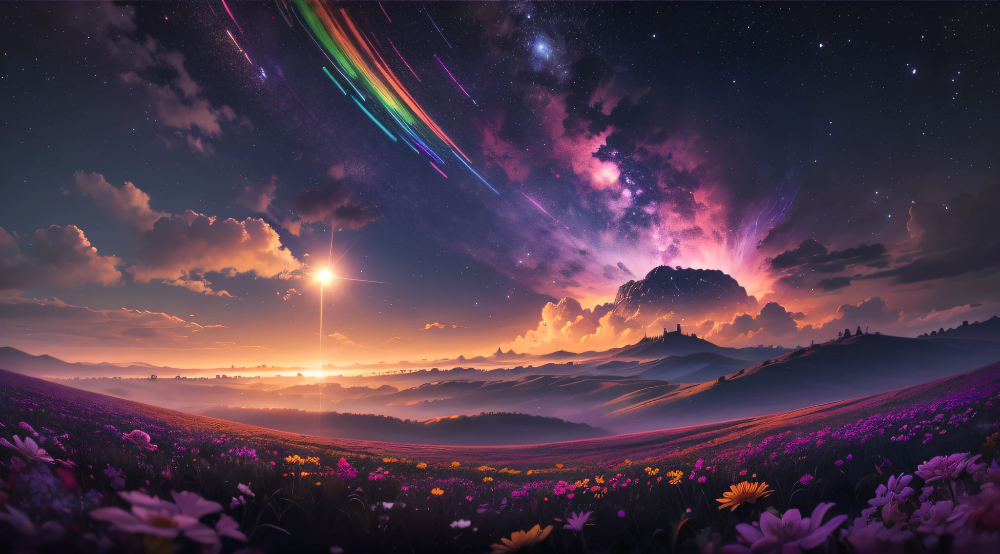 Vaste photographie de paysage , (view from below, montrant le ciel au-dessus et les champs au-dessous), champ de fleurs, (Pleine Lune:1.2), (shooting stars:0.9), (Nebulous:1.3), montagnes lointaines , ART DE PRODUCTION DE RUPTURE DE BOIS, (warm light source:1.2), (Lucioles:1.2), Lampes, lot of purple and orange, intricate high detail, volumeric lighting, realism BREAK(tmasterpiece:1.2), (premier quality), 4K, Ultra-detail, (Configuration dynamique:1.4), Very detailed and colorful details,(Couleurs arc-en-ciel:1.2), (glowing lights, atmospheric lighting), dream-like, magique, (seulement:1.2)