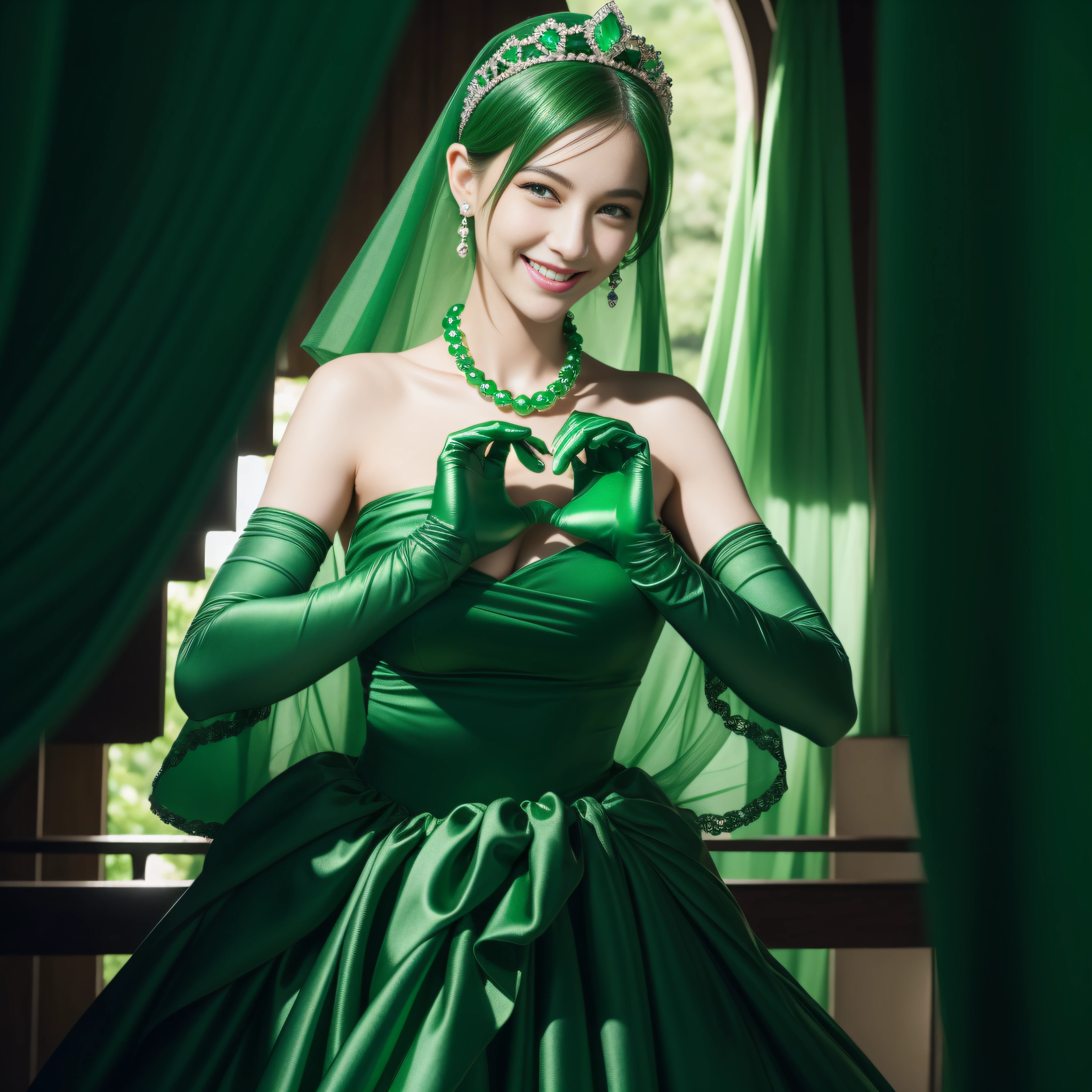 emerald tiara, Green Pearl Necklace, Boyish very short black hair, lipsticks, Japan woman smiling, very short short hair,  big breasts beautiful, Green eyes, Long green gloves made of satin material, Green eyes, Emerald Earrings, green vale, Heart with both hands