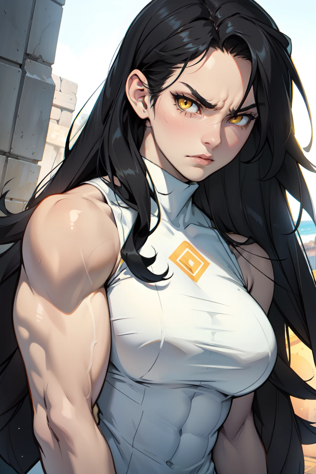 1 girl bubbly breasts black hair yellow eyes pale skin very long hair angry ((muscular))