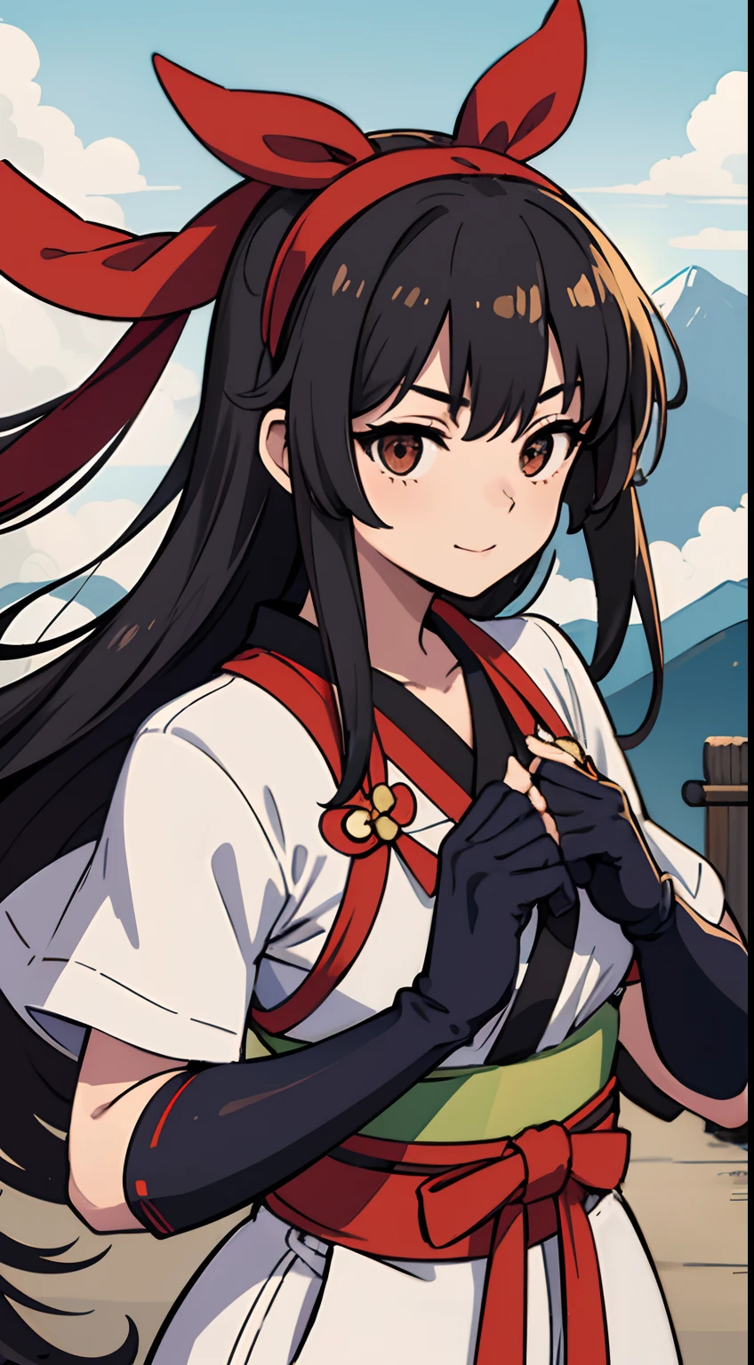 Masterpiece, Best quality,1girll, Red bow, bow, Long hair, Hair accessories hair bye, Ainu clothing, Solo, Hair Band, Bird, Black hair, Fingerless gloves, Short sleeves, mitts, sash, Pants, bangs, redhairband, arma, chest, Brown eyes, White pants, komono, nakoruru, Light smile, offcial art, well-composed, official pose, Detailed portrait, Portrait, Bokeh, clouds and mountain background, Samurai, onmyoji style, high resolution, Dramatic lighting and shadows, sunflare, Blurred foreground