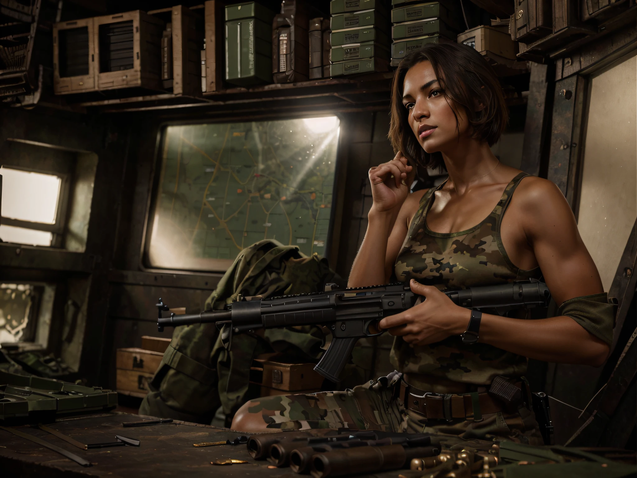 Beautiful soldier woman, short brown hair, light brown skin, brown eyes, British face, serious expression, muscular body, wears military clothing, green military tank top, camouflage pants, blue details, belt with ammunition, holds a machine gun, hand highly detailed, Black military boots, Background image, Interior of a military store, Maps, Radar systems, Ammunition boxes, Ultra detailed, Hyper realistic, 4k, Ultra detailed image, realistic , Highly detailed , perfect composition, beautiful intricately detailed incredibly detailed, 8K fine art photography, hyper detailed, Masterpiece