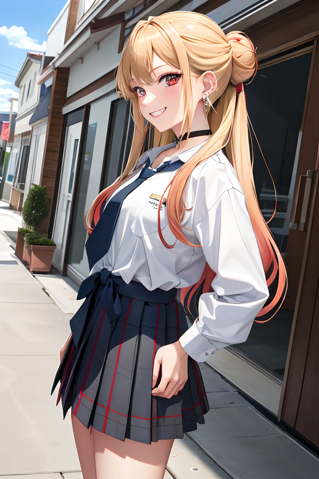 masterpiece, best quality, highres, kitagawa marin, 1girl, blonde hair, long hair, multicolored hair, red eyes, jewelry, earrings, piercing, school uniform, (half updo),side view,white shirt, tied shirt, black choker, blue necktie, plaid skirt, hands on hips, ,grin, smile, standing, cowboy shot, outdoors,