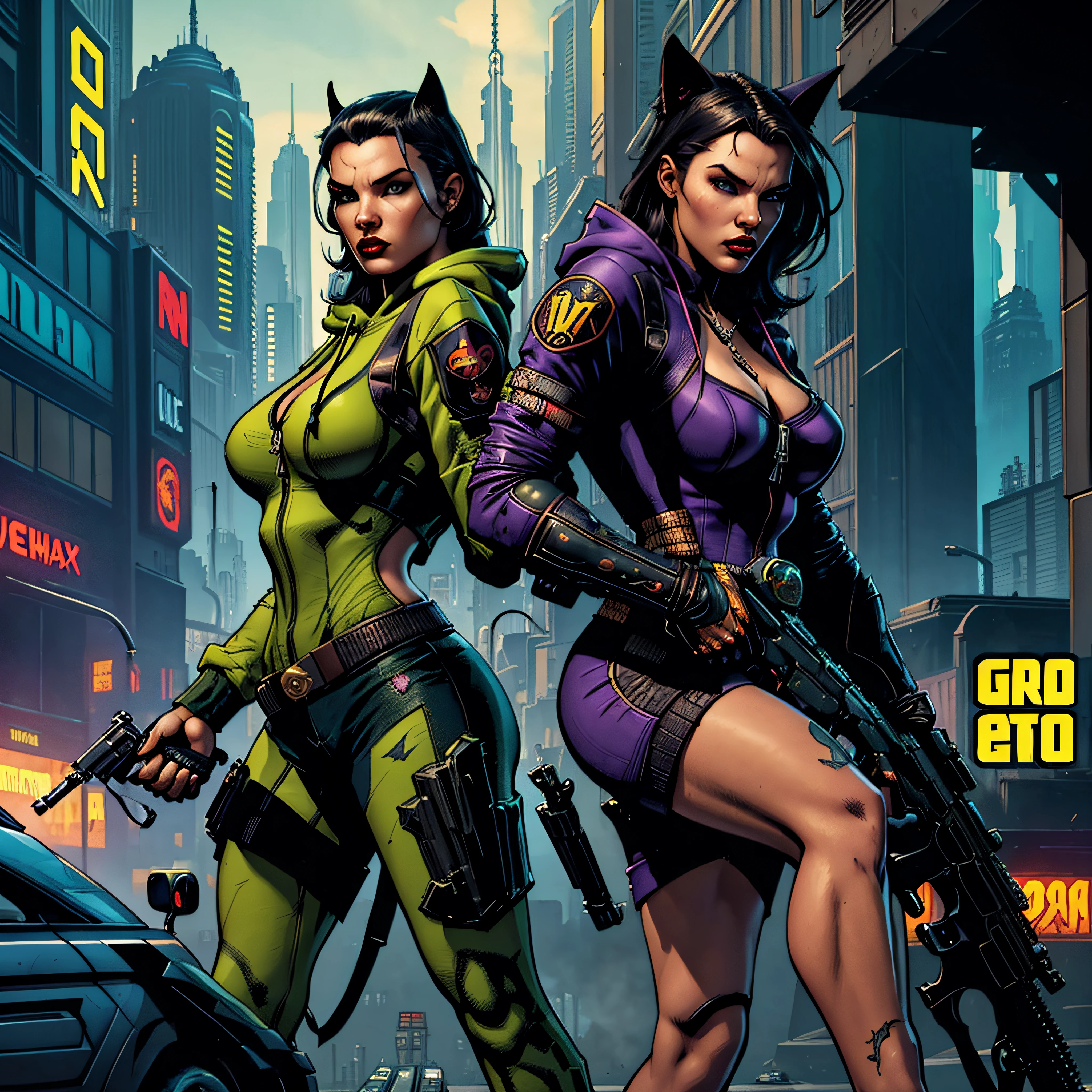 there is a gorilla in a hoodie with a gun and two women, (Adriana Lima :1.1) red lips, green eyes and Magan Fox wojtek fus, 2 d
game art gta cover, 2d game art gta cover, unreal 5. rpg portrait, stylized urban fantasy artwork, game cover, style of gta v artworks,
2d game art gta5 cover, cover game art, cyberpunk street goon, striking detailed artstyle