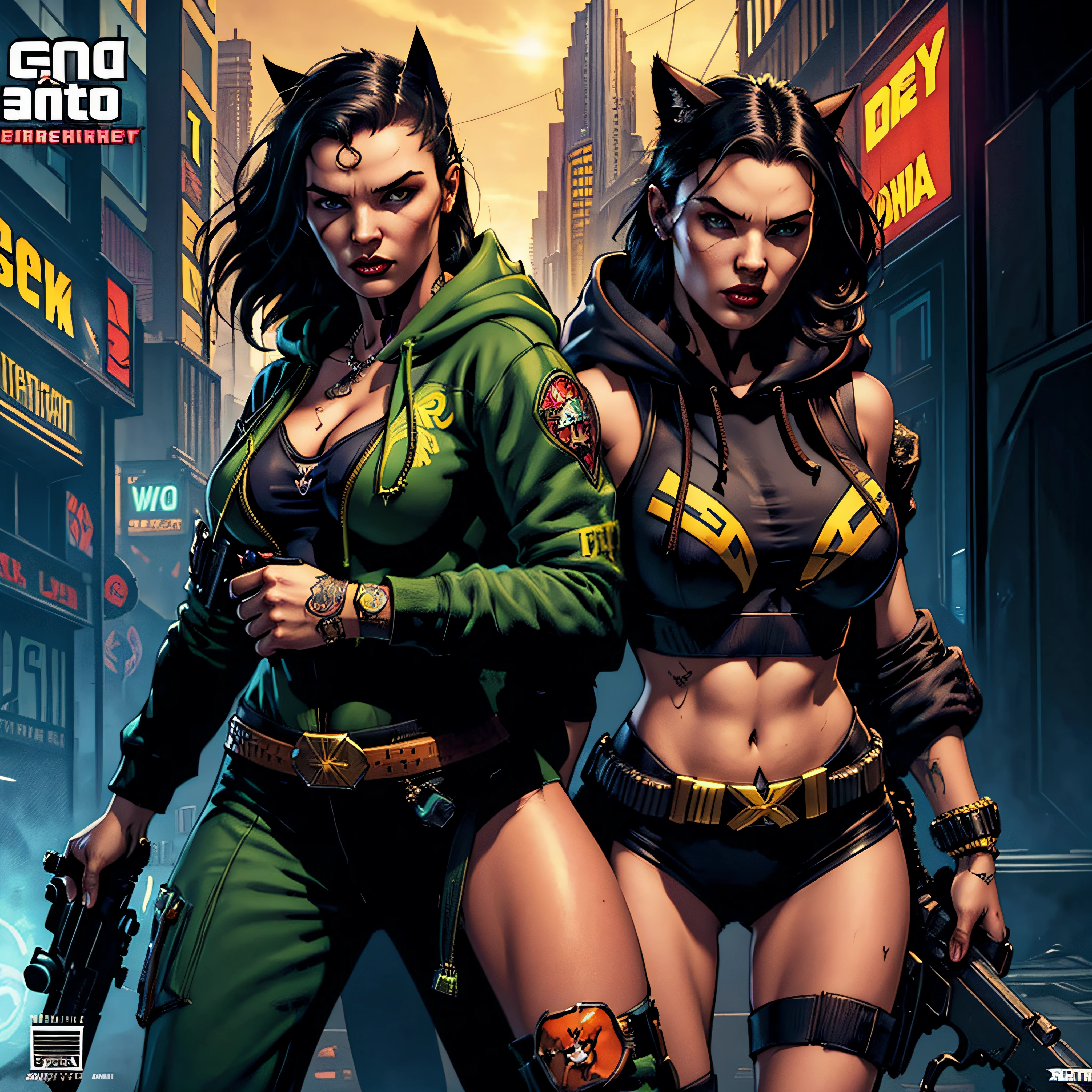 there is a gorilla in a hoodie with a gun and two women, (Adriana Lima :1.1) red lips, green eyes and Magan Fox wojtek fus, 2 d
game art gta cover, 2d game art gta cover, unreal 5. rpg portrait, stylized urban fantasy artwork, game cover, style of gta v artworks,
2d game art gta5 cover, cover game art, cyberpunk street goon, striking detailed artstyle