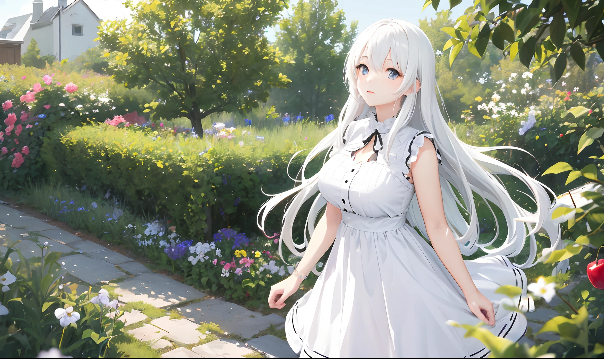 Images of anime girl, long hair, white hair, in the middle of a cherry garden, girl wears simple white dress, big breasts