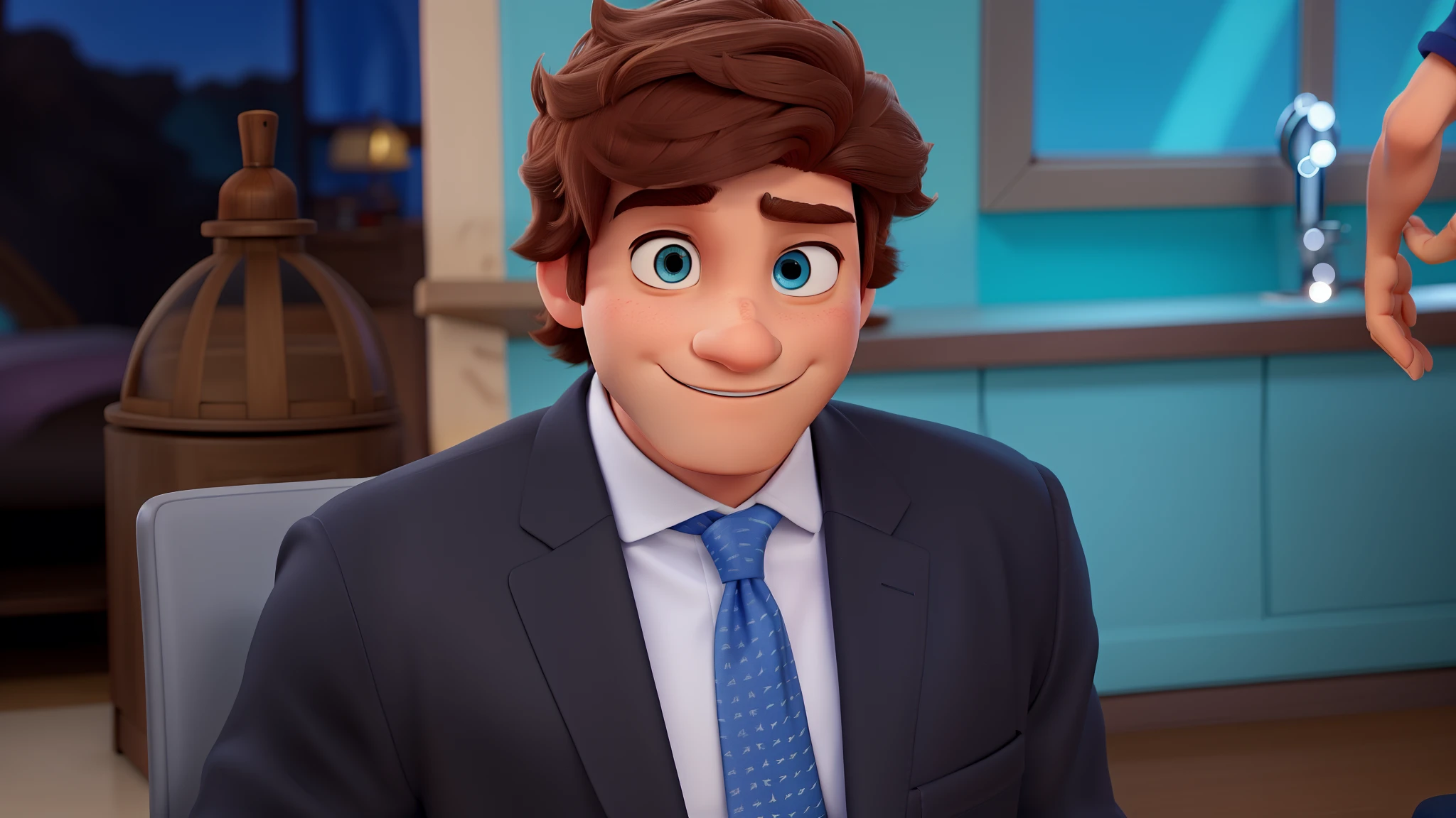 um homem de olhos azuis, estilo disney pixar, alta qualidade, melhor qualidade.