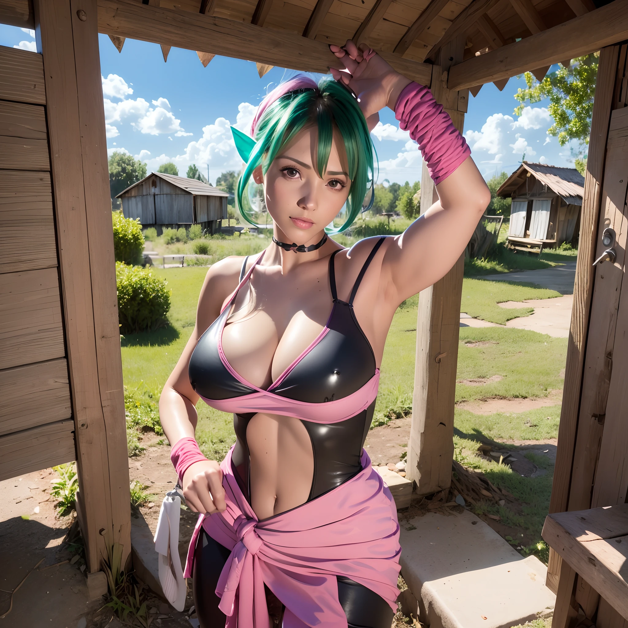 (masutepiece:1.2, Best Quality:1.2), ((Ultra-realistic portrait of Juli, 1girl in, Green hair, Ponytail, body suit, Clothes Cutout, Bike Shorts, pink sarong, navel cutout, tail,End Tail, Tuned Skins)), (ultra huge cleavage:1.55, Exposed shaved armpits:1.3), (Detailed face, Detailed skin texture), (Abandoned hut:1.3, farms)