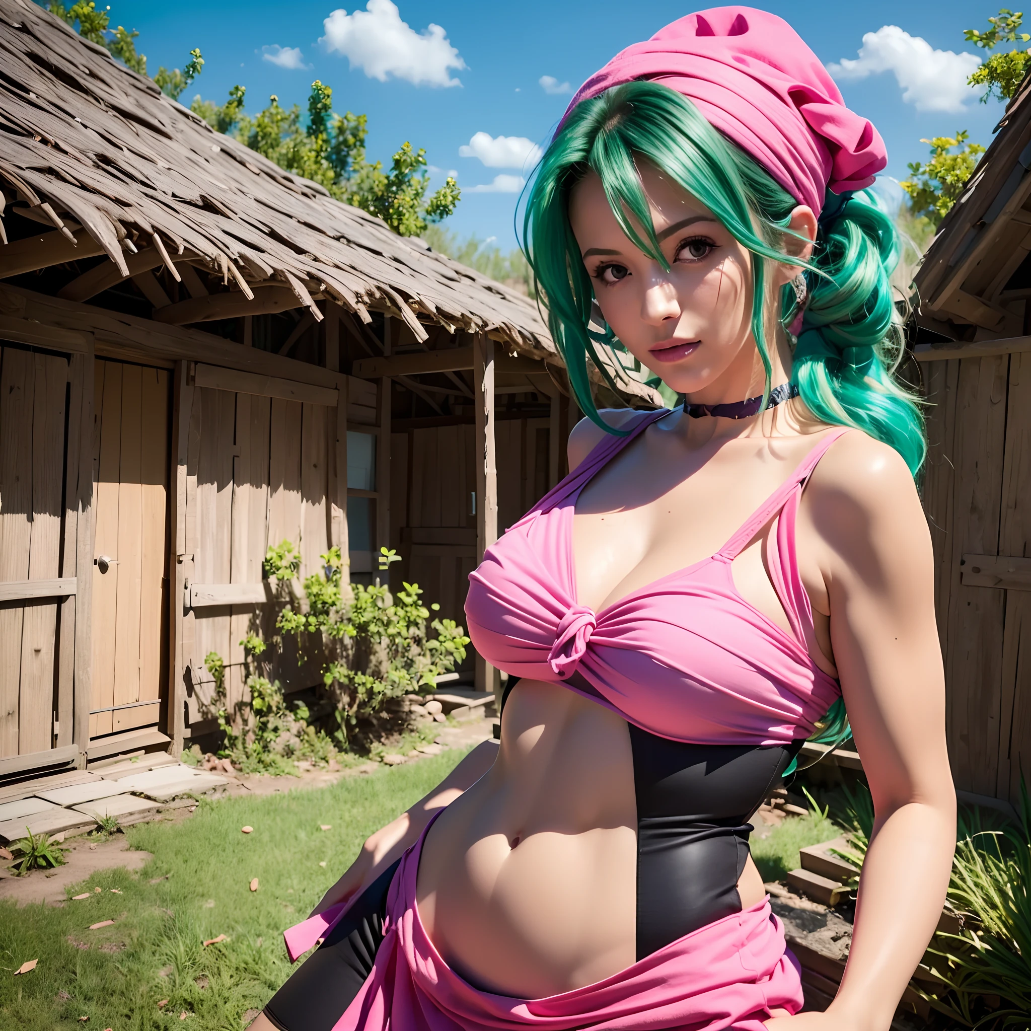 (masutepiece:1.2, Best Quality:1.2), ((Ultra-realistic portrait of Juli, 1girl in, Green hair, Ponytail, body suit, Clothes Cutout, Bike Shorts, pink sarong, navel cutout, tail,End Tail, Tuned Skins)), (ultra huge cleavage:1.55, Exposed shaved armpits:1.3), (Detailed face, Detailed skin texture), (Abandoned hut:1.3, farms)