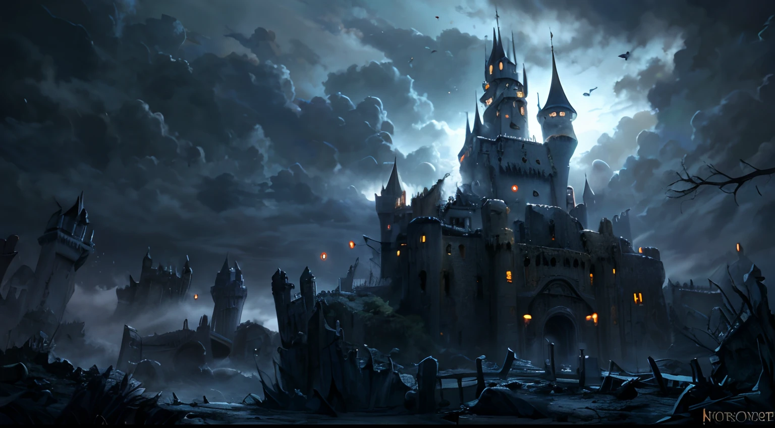 cartoon style, 1 castle, scary castle, horror scene, dark setting, fog, storm clouds, lightning, abandoned castle, ruined castle,