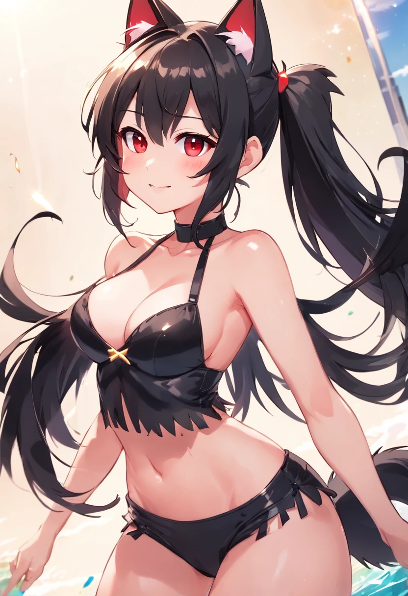 ((masterpiece)), ((Best Quality)), (Ultra-detailed), ((kawaii)), (Cute), (lovely), ((Sexy)), (Ero), ((Extremely detailed)), 4K, (8K), Best Quality, (Beautiful), Illustration, Anime style, Painting, Dynamic Angle, (Cowboy Shot:1.2), (female masturbation:1.2), (from wildcard:1.4), heavy outline, clear outlines, , (full body focus), , ((Beautiful eyes)), Slightly wheat-colored skin, random hair style, Buttocks,, (smirk:1.2), grin, (blush:1.5), sparkling effect, Lens Flare, shiny-glistening, gleaming, (((red eyes, black cat ears, medium breast, black hair, long straight back pony tail, split fringe))), black bikini