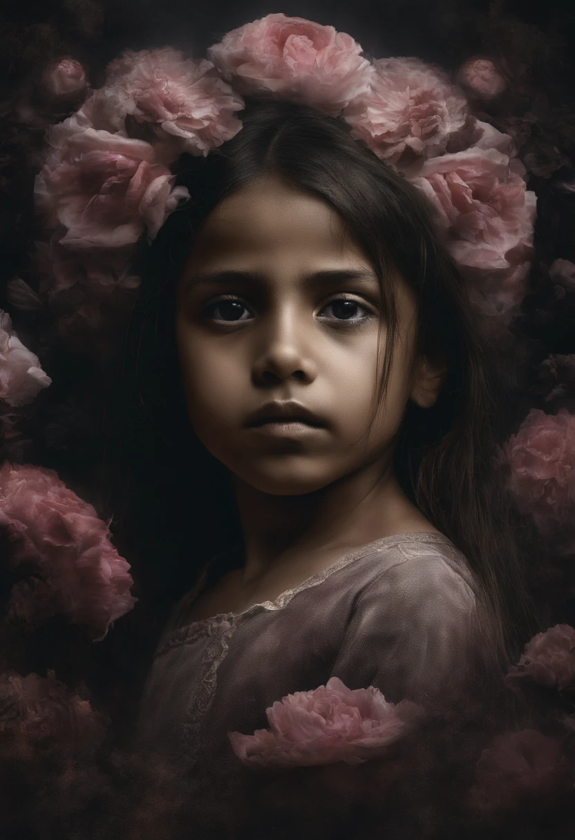 An Indian  happily running towards the camera, Well-detailed face, Entre les fleurs, with cinematic light. The stage is filled with pink-colored flowers. The childce is detailed, avec de beaux yeux, nez, and lips. Les fleurs sont en pleine floraison, with delicate petals and vibrant colors. The medium used to create this work is a painting, with ultra-detailed, photorealistic styling. Image quality is of the highest standard, with the best quality, 4k resolution, et des couleurs vives. The lighting of the stage is captivating, with soft, warm tones illuminating the child and the flowers.