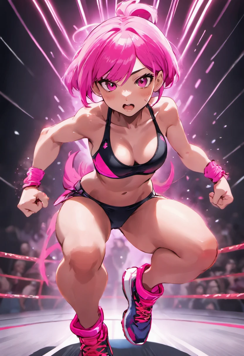 confident beautiful Asian girl with pink hair, wearing a sports bra, dominant, stepping on a penis, photorealistic, cinematic lighting