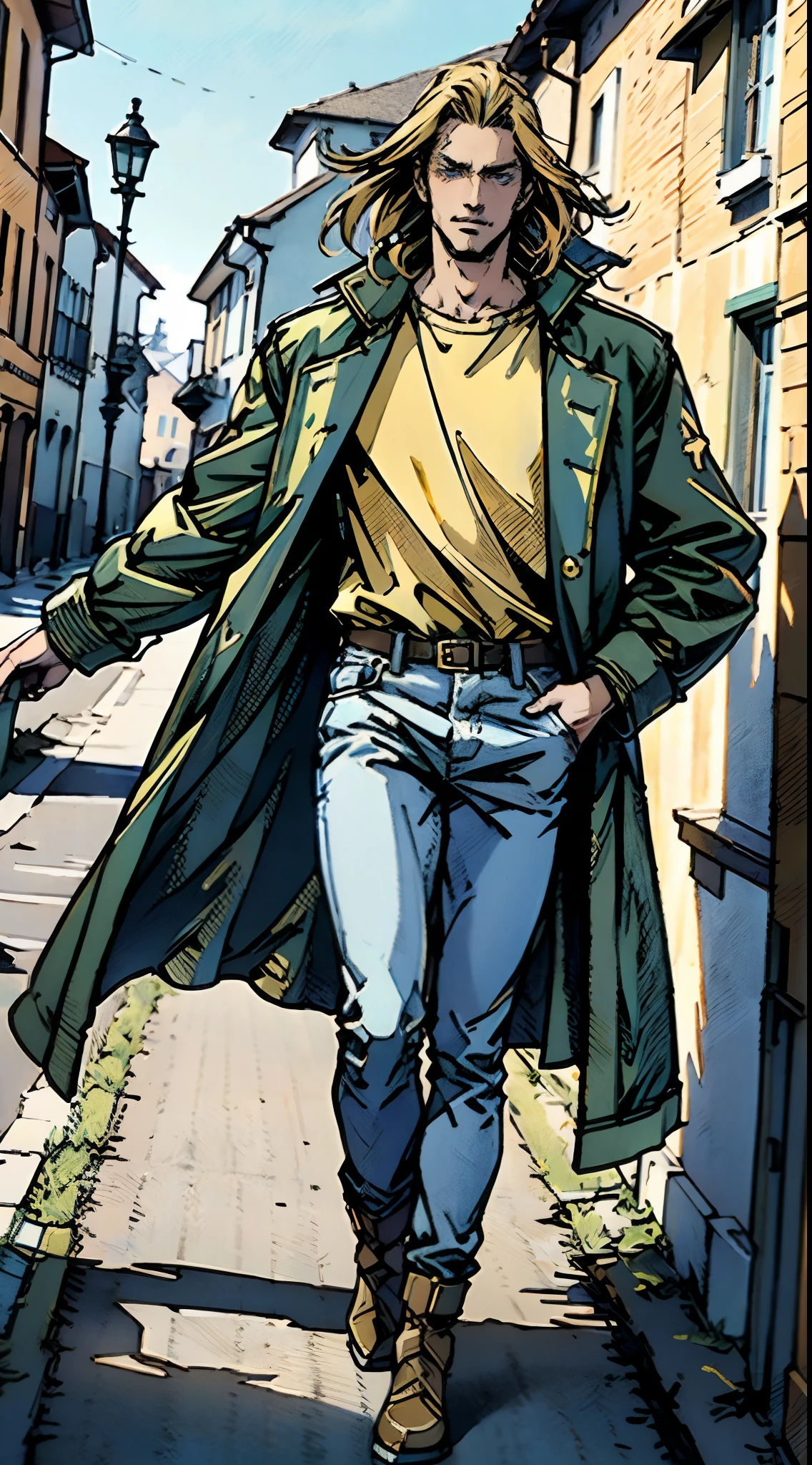 a young man, golden hair, Center-parted hairstyle, a cunning gaze, a fantasy-realistic style blue-red overcoat, a yellow-green undershirt, blue jeans, Within a medieval town of fantasy style, this character embodies a finely crafted fantasy-realistic style wise man in anime style, characterized by an exquisite and mature manga illustration art style, full body character drawing, high definition, best quality, highres, ultra-detailed, ultra-fine painting, extremely delicate, professional, anatomically correct, symmetrical face, extremely detailed eyes and face, high quality eyes, creativity, RAW photo, UHD, 8k, Natural light, cinematic lighting, masterpiece-anatomy-perfect, masterpiece:1.5