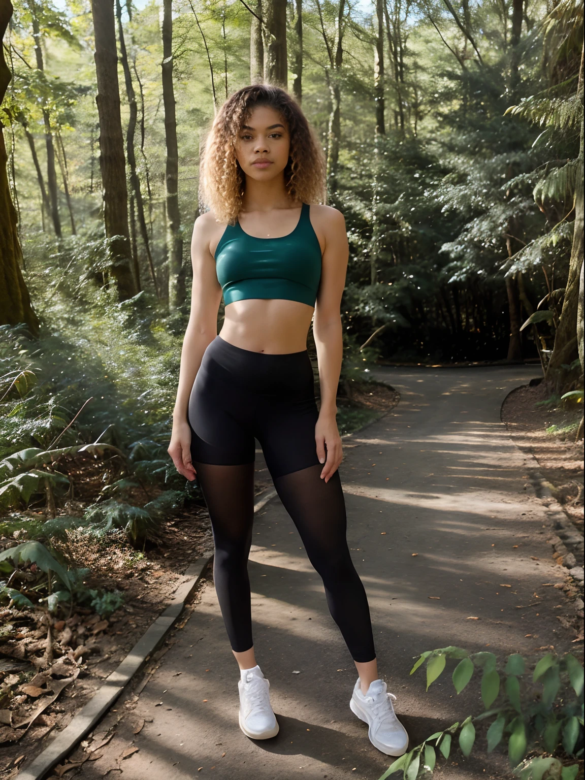 show entire body, feet in view, aerial view, Zendaya, curly blonde hair, tight crop top , pantyhose, sneakers, forest, sun rays visible through trees