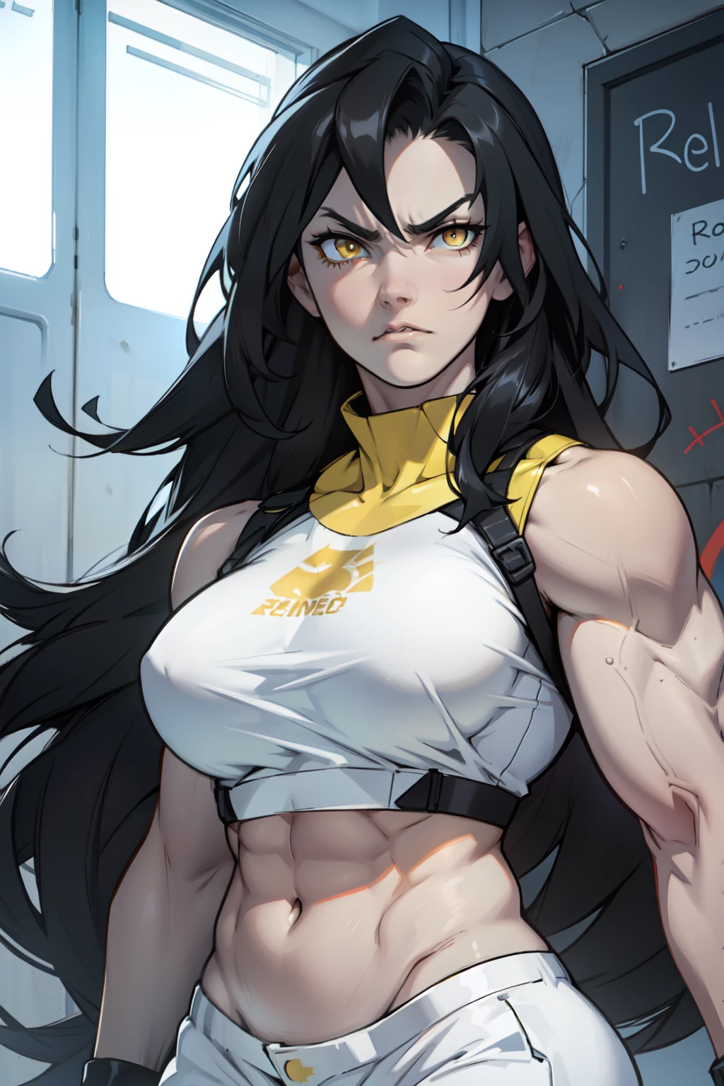 1 girl bubbly breasts black hair yellow eyes pale skin very long hair angry ((muscular))
