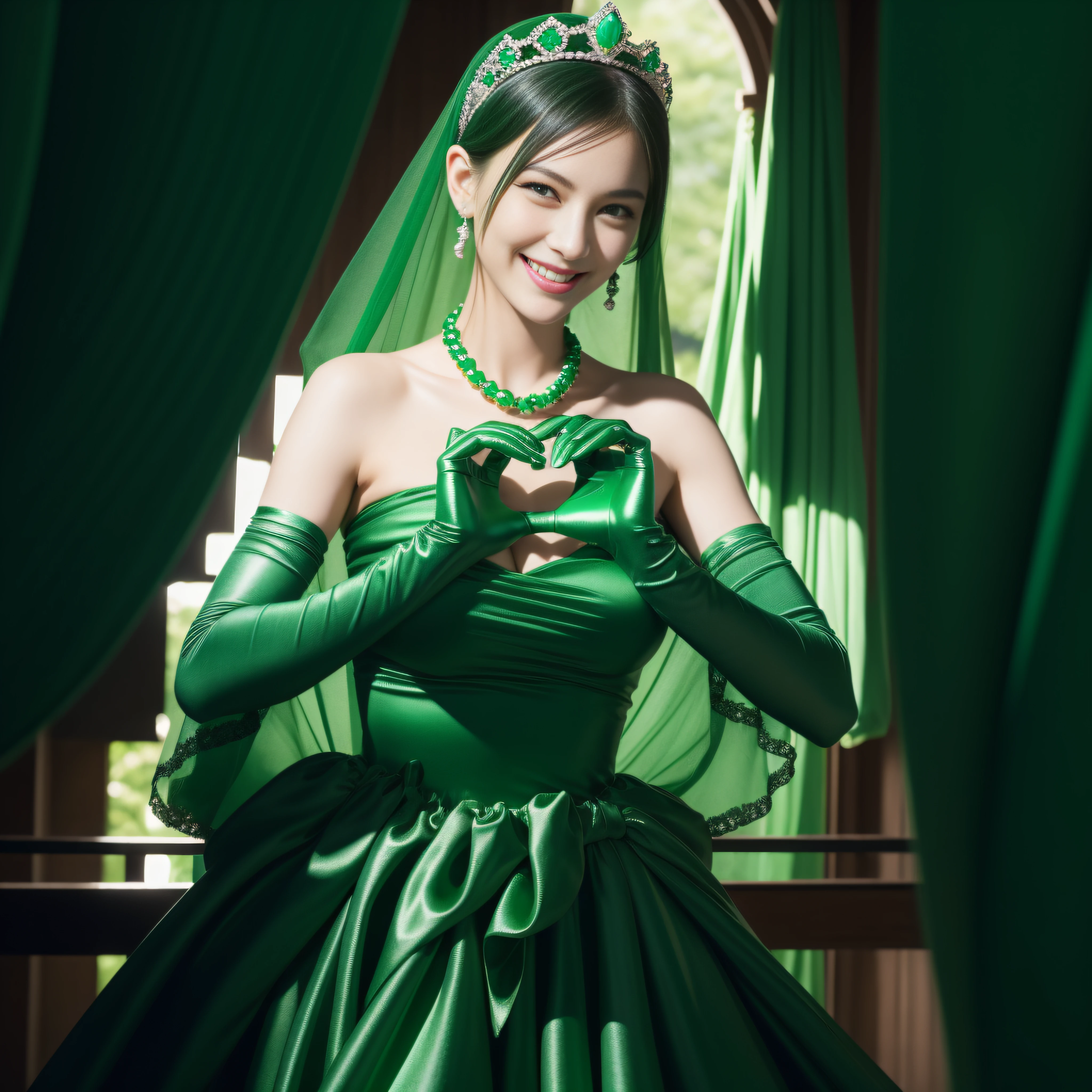 emerald tiara, Green Pearl Necklace, Boyish very short black hair, lipsticks, Japan woman smiling, very short short hair, big breasts beautiful, Green eyes, Long green gloves made of satin material, Green eyes, Emerald Earrings, green vale, Heart with both hands