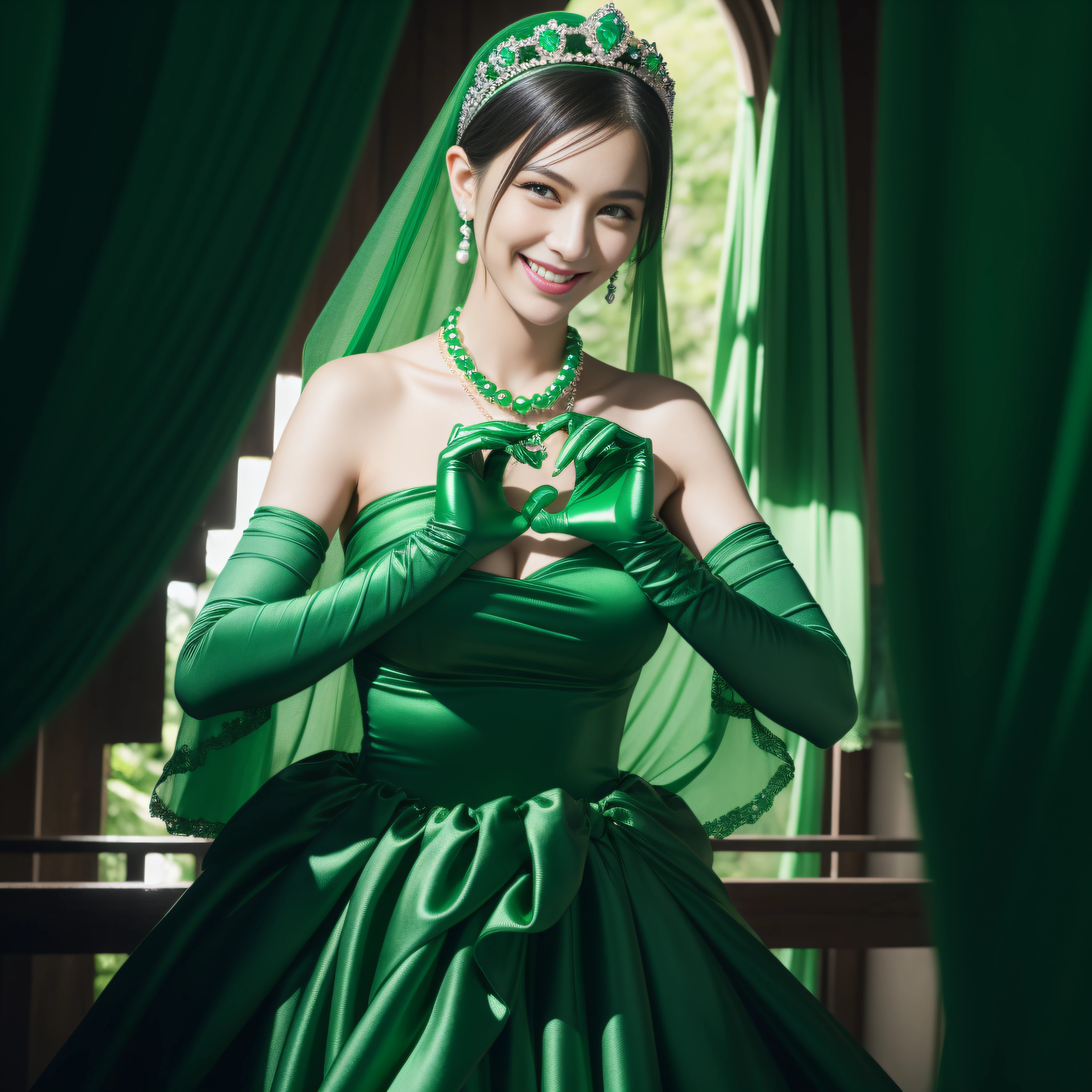 emerald tiara, Green Pearl Necklace, Boyish very short black hair, lipsticks, Japan woman smiling, very short short hair,  big breasts beautiful, Green eyes, Long green gloves made of satin material, Green eyes, Emerald Earrings, green vale, Heart with both hands