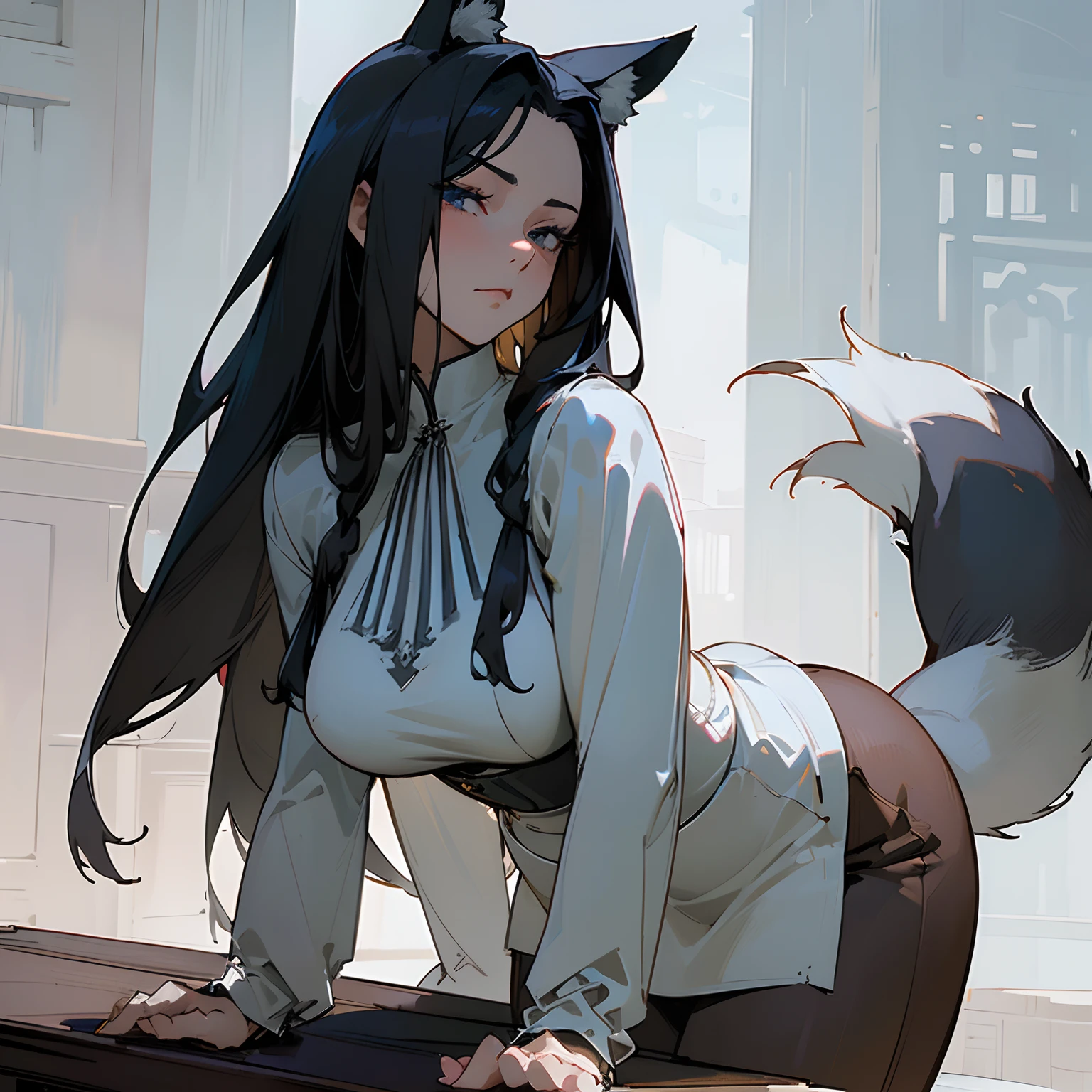 ((masterpiece)),((high resolution)),((best quality)),extremely fine and beautiful, super fine illustration, (insanely detailed anime eyes, eyes focus, face closeup), beautiful detailed girl, supple breasts, front view, facing at viewer, black hair, (Suspicious:1.2), (see-through:0.2), covered, hair covering breasts, covered breasts, covered legs ((black hair)), (very long hair), ((fox ears)), blue eyes, profile, (sophisticated white blouse:1.4), (Leaning forward:1.0), (((dark voluminous fox tail))), (medium-large breasts:1.4), (plump thighs), (muscular:1.6), (wide hips), shallow frown, movie lighting, perfect shadow, realistic lighting shaded, (Chinese style), (medieval fantasy building scenery), 1girl, milf, mature female