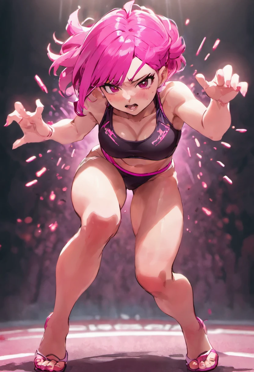 confident beautiful Asian girl with pink hair, wearing a sports bra, dominant, stepping on a penis, photorealistic, cinematic lighting