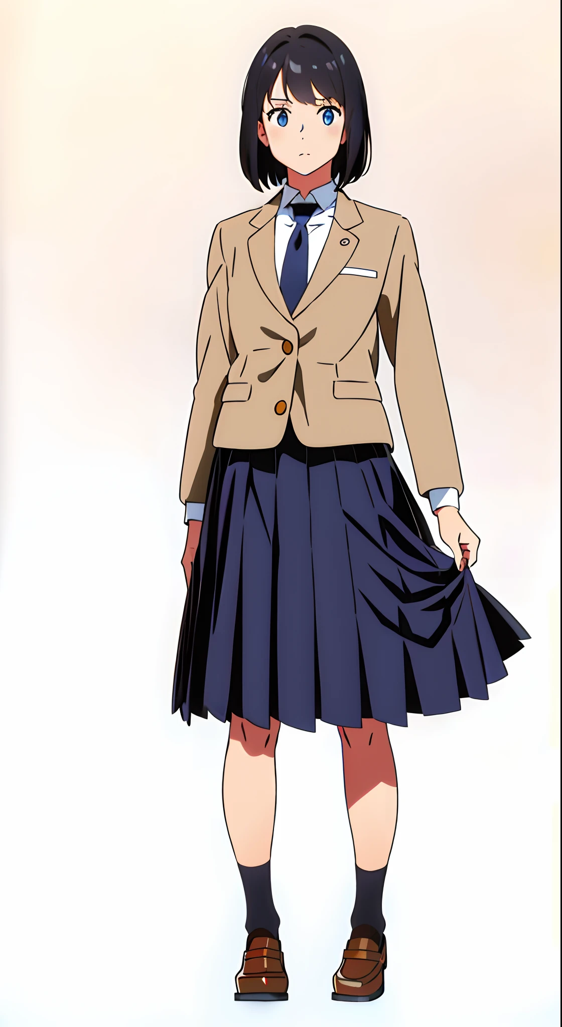 (detailed beautiful eyes:1.0), (detailed beautiful face:1.0), (glowing black eyes:1.0), (white background:1.1), (best quality:1.2), (masterpiece:1.2), (full body:1.0), (solo:1.0), (a 18yo cute girl:1.3), (long skirt:0.9), (dark blue skirt:1.0), (pleated skirt:1.1), (school uniform beige blazer:1.1), (dark blue necktie:1.0), (black socks:1.0), (loafers:1.0), (lanky:0.9), (tall:0.9), (slender:1.1), (small breasts:0.9), (short hair:1.0), (strait hair:1.0), (black hair:1.0), (standing:1.0), (looking at viewer:1.0)