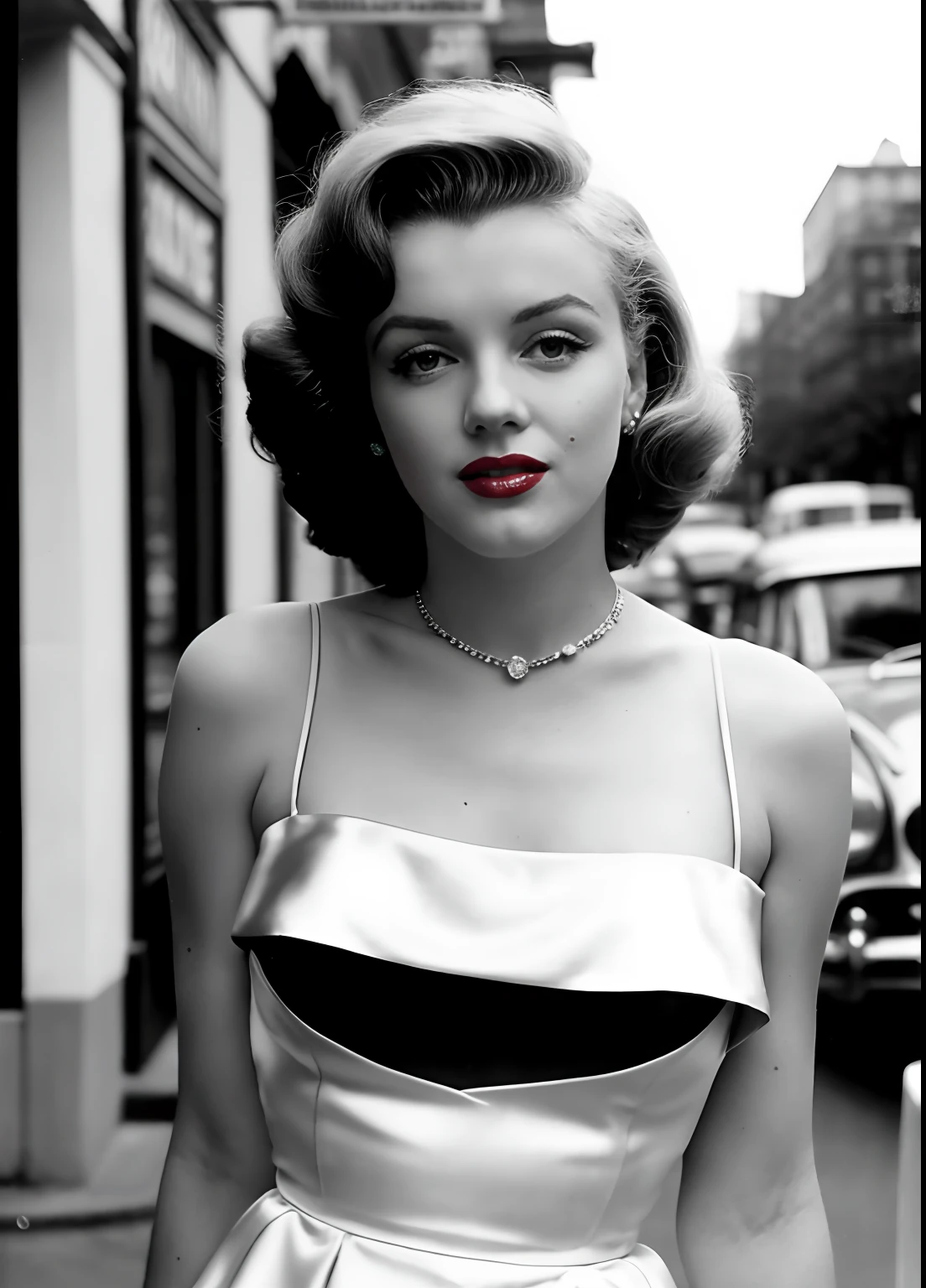 paparazzi photo of Marilyn Monroe posing for a photo shoot on a New York street, very diffuse light, skin moles, sensual, no cleavage, wearing a satin lemon color full dress from 1950, wearing a blue silk scarf around her neck, green_eyes, red lips. Retro scenery in the background, 1950s cars, greyscale, 1950s (highly detailed skin:1.2), 16k, High details. ultra high res.photorealistic:.1.4,UHD, DSLR, soft lighting, high quality, grain film, FujifilmXT3