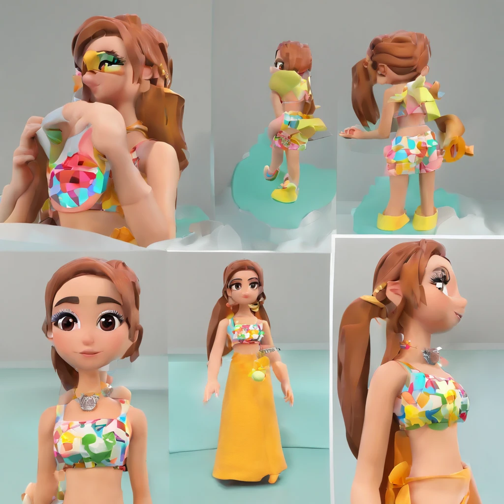 super cute child mermaid ip by pop mart, olhos brilhantes, beira da piscina, sereia, argila, Modelos, um brinquedo de caixa cega, negra, Brilhante e delicado,fundo limpo, Bom brilho, 3D rendering of,best quality