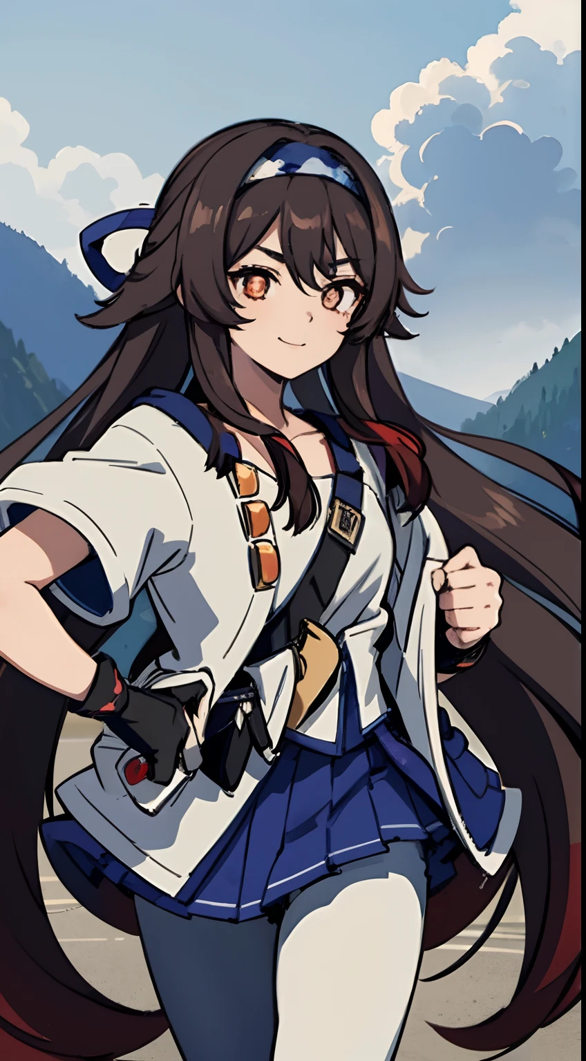 Masterpiece, Best quality,1girll, Red bow, bow, Long hair, Goodbye to hair accessories, hairstyles, Ainu clothing, Solo, Hair Band, Bird, Black hair, Fingerless gloves, Short sleeves, mitts, sash, Pants, bangs, redhairband, arma, chest, Brown eyes, White pants, komono, nakoruru, Light smile, offcial art, well-composed, official pose, Detailed portrait, Portrait, Bokeh, clouds and mountain background, Samurai, onmyoji style, high resolution, Dramatic lighting and shadows, sunflare, Blurred foreground