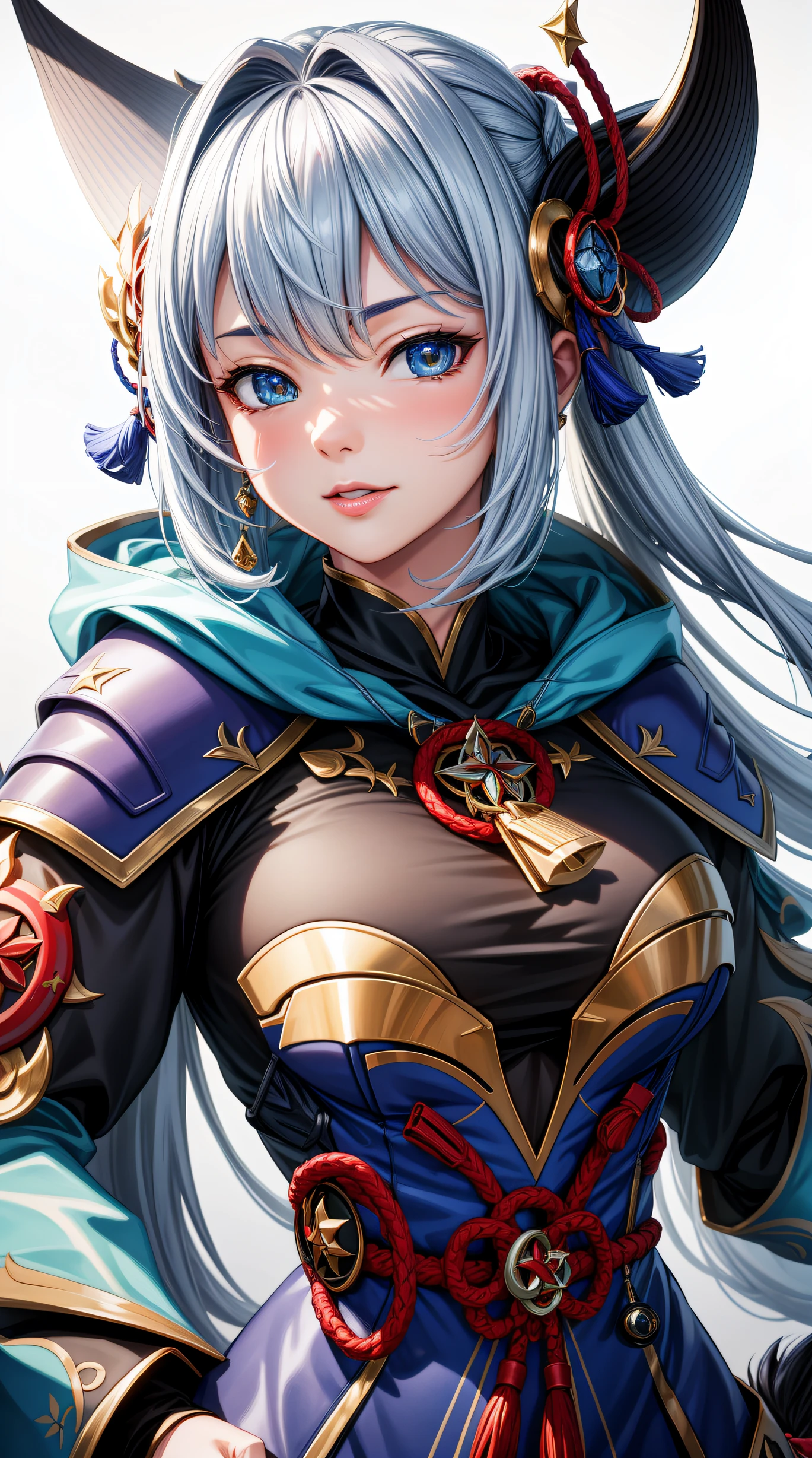 (best quality:1.5, highres, UHD, 4K, detailed lighting, shaders), Mona from genshin impact, large breats, (pov), portrait, white background
