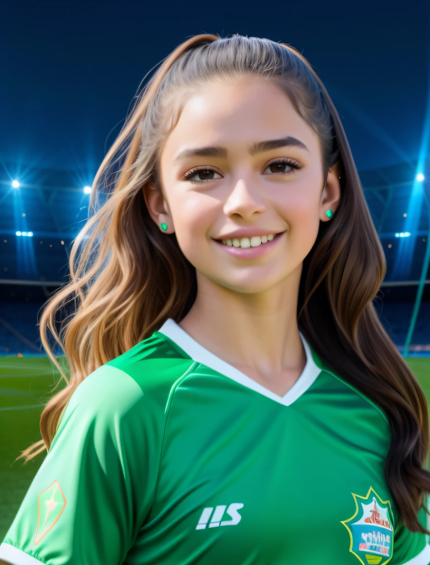 Menina de  cinco anos, Em um uniforme de futebol verde em frente a um campo de futebol, Arte Oficial, jogadora de futebol, Valentina Embaralhamento, alexa grace, Malika Favre, foto retrato, menina jovem bonito, vestindo uniforme de futebol escolar, Concedido, Alina Ivanchenko, Concedido - Concedido, futeBol, Retrato Sophie Mudd, Violeta Myers