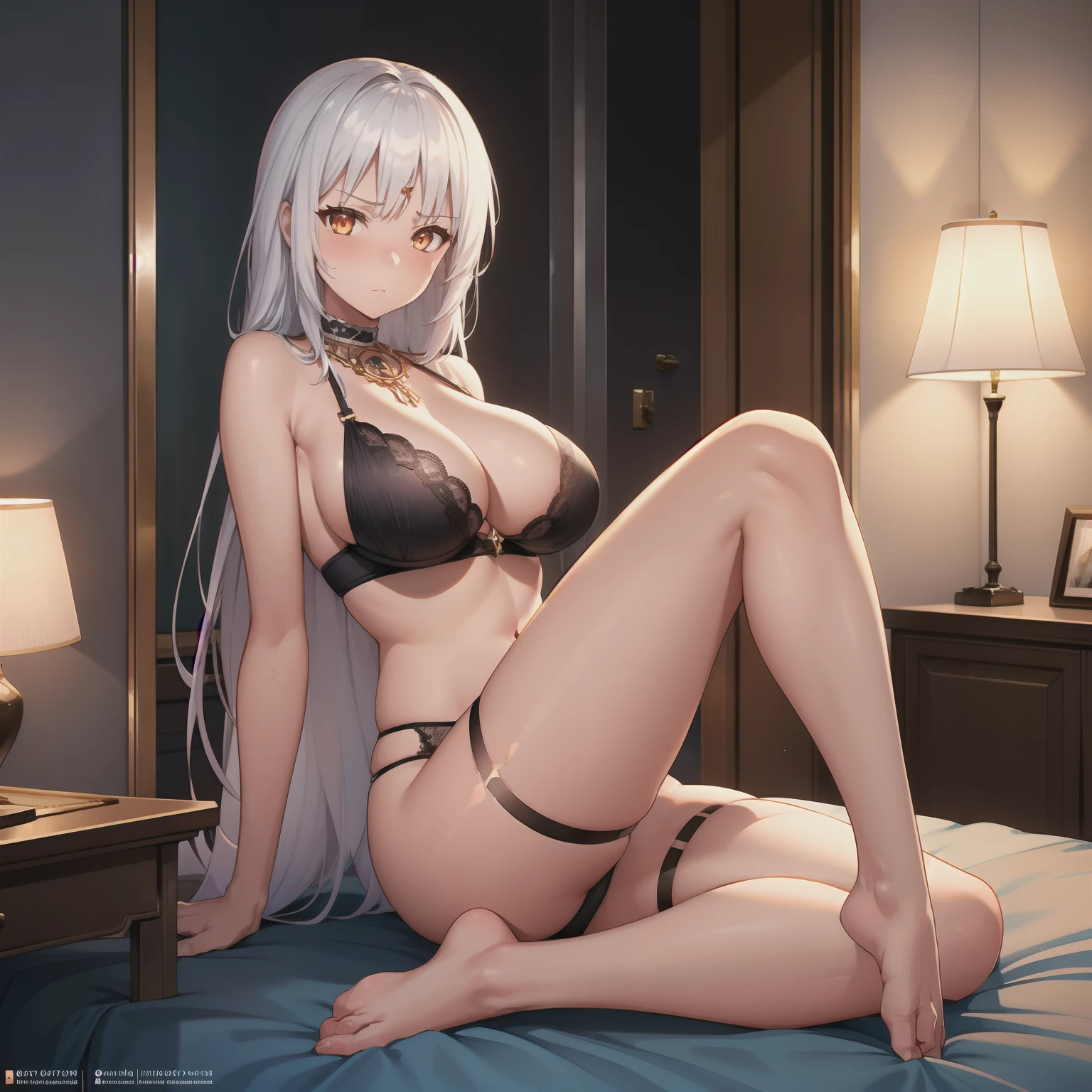 1girl,big breasts,hotel room,(8k),scratches,detailed face,white hair,orange eyes,very long hair,embarassed,shy,blush, high_res, high_definition,sexy pose,black sexy lingerie,full body,