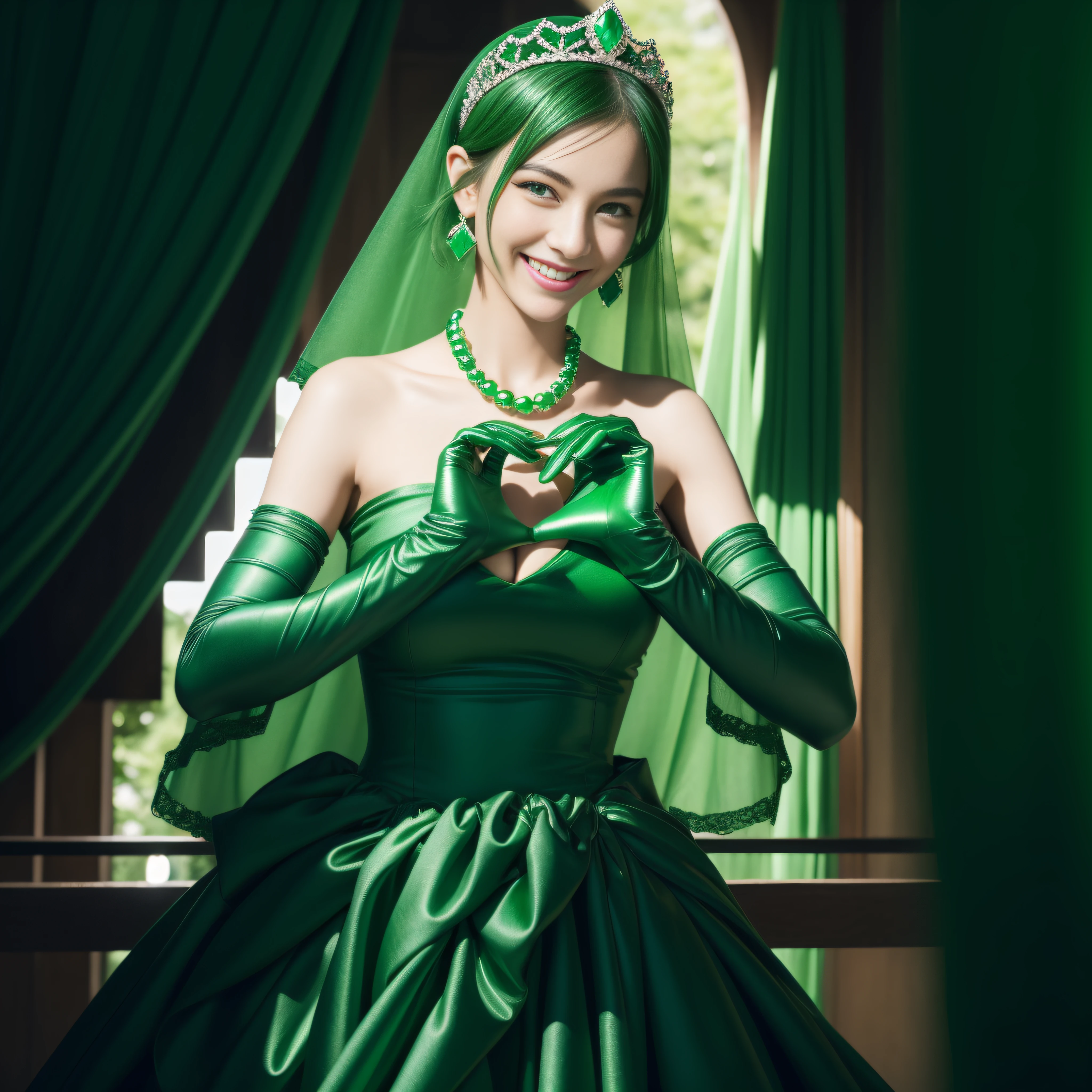 emerald tiara, Green Pearl Necklace, Boyish very short green hair, lipsticks, Japan woman smiling, very short black hair,  big breasts beautiful, Green eyes, Long green gloves made of satin material, Green eyes, Emerald Earrings, green vale, Heart with both hands