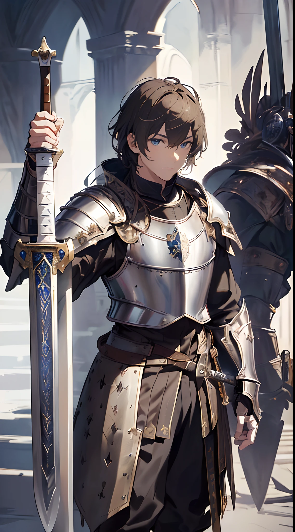 Solo,Absurd resolution、hight resolution、(masterpiece:1.4)、ultra-detailliert、(Detailed finger),((One guy)),((Knights))、Fantasy costume,Original Character,((Wearing armor))、((Heavy armor、breastplates)),(With a Western sword:1.5),((Costumes of medieval Europe)),, (Facing:1.2),(Full body portrait),(Standing:1.3),((white backgrounid:1.4))