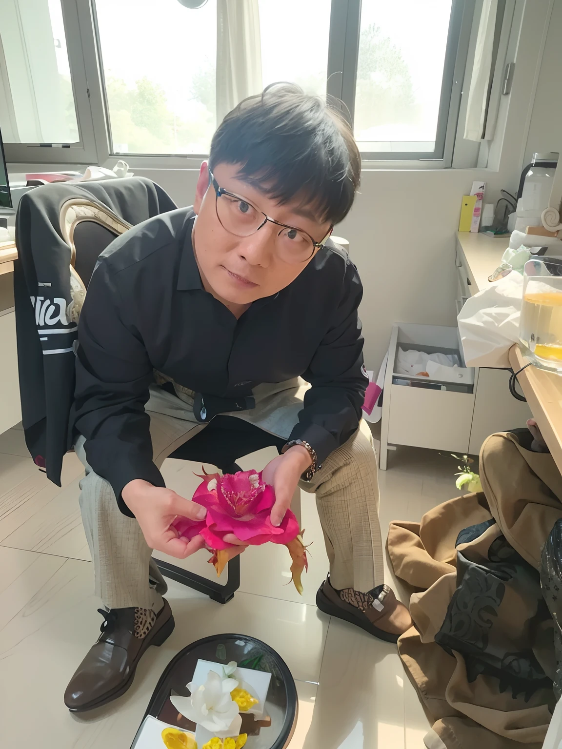 A person sitting on a chair, holding a dragon fruit in their hand, holding a magical flower, Chinese Mid-Autumn Festival, Chinese artist, holding a flower, Chen Xintong, extremely low-quality image, holding a red orchid, with a giant rose as their head, captured with Sony Alpha 9, Chiyo Yuudai, Shen Mingchen, (best quality, 4k, 8k, highres, masterpiece:1.2), ultra-detailed, (realistic, photorealistic, photo-realistic:1.37), HDR, UHD, studio lighting, ultra-fine painting, sharp focus, physically-based rendering, extreme detail description, professional, vivid colors, bokeh, portraits, Chinese ink painting style, warm color tones, soft lighting.