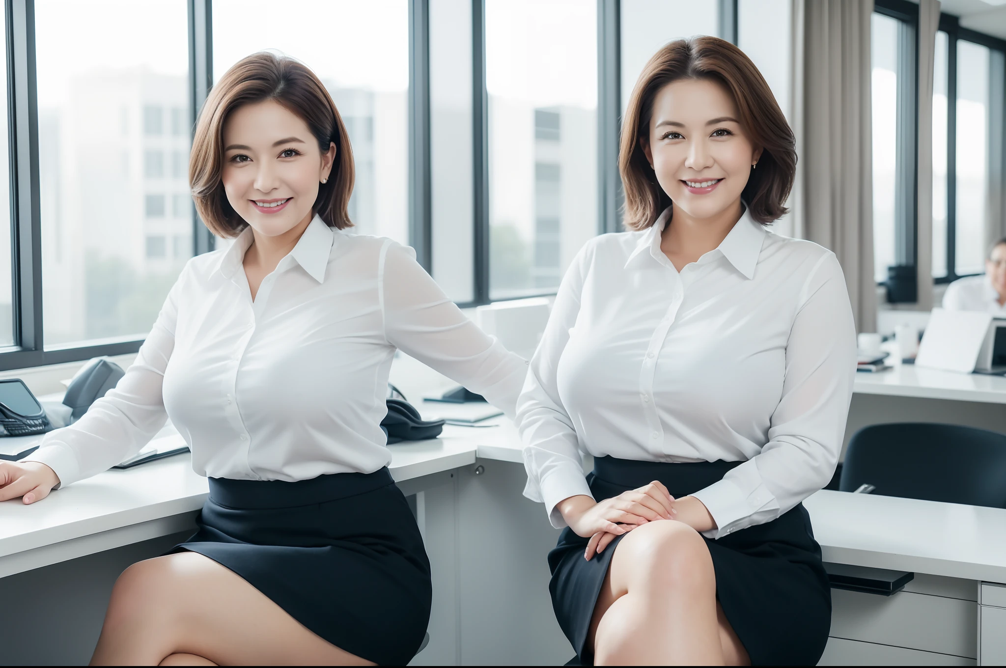 ((Best Quality, 8k, Masterpiece, Portrait: 1.3)), (looking at viewer), (full shot:0.85), attractive business 8 milfs, 8 people, a bit chubby:0.35, white collared shirt, grey skirt, (big pelvis:0.3), (sitting with cross legs on office desks)), smile:0.2, office of CEO,
