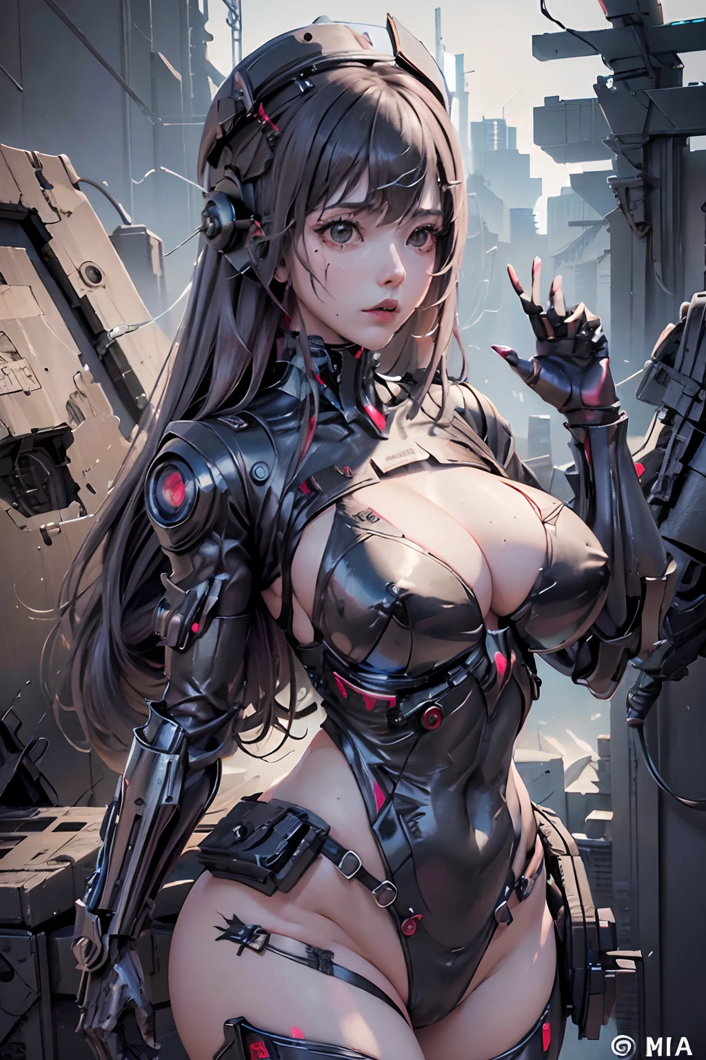 ((mejor calidad)), ((obra maestra)), (muy detallado: 1.3) chica Rapidef, ojos rojos, anime con pechos muy grandes y cola grande muslos hechizantes con una pistola y un sombrero y una corbata roja, mechanized soldier girl, M4 Sopmod II Girls Front Line, Cyberpunk femme fatale, Chica femenina de anime cyberpunk, Cyberpunk anime chica mech, Chica Valquiria mecanizada, detalles finos. girls frontline, Cyberpunk enojada hermosa diosa, Chica de anime cyberpunk, Mecanoide cyberpunk de moda, Wearing Technical Clothing and Armor ON A BATTLEFIELD