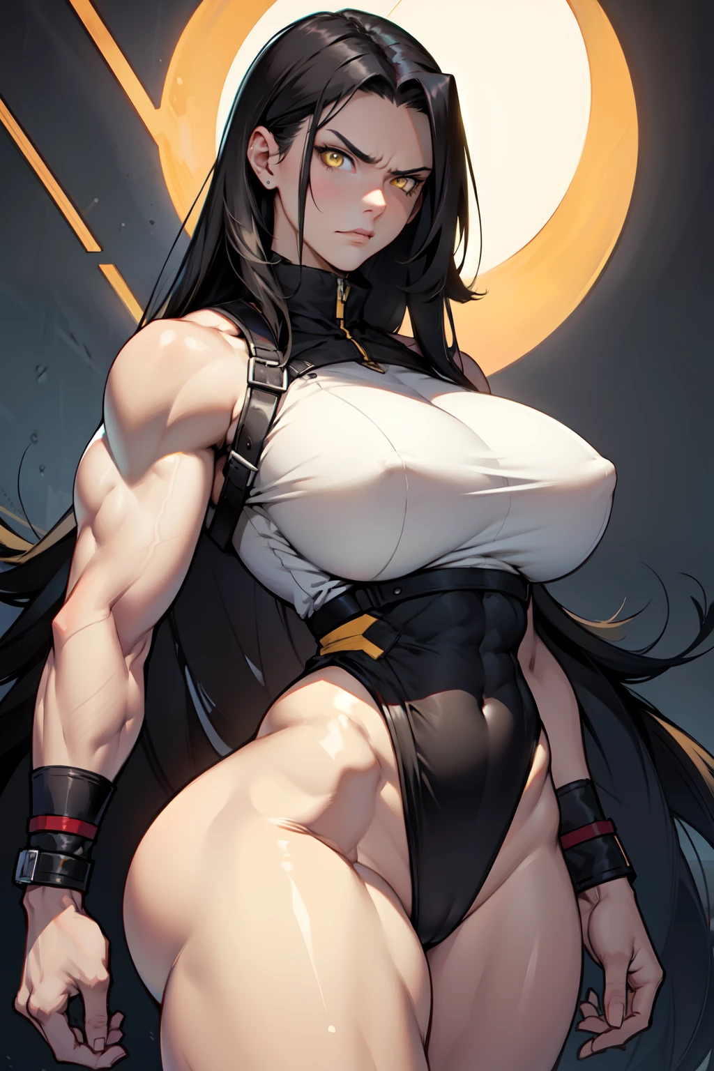 1 girl huge breasts black hair very long hair yellow eyes pale skin angry ((muscular)) wide hips thick thighs curvy toned body