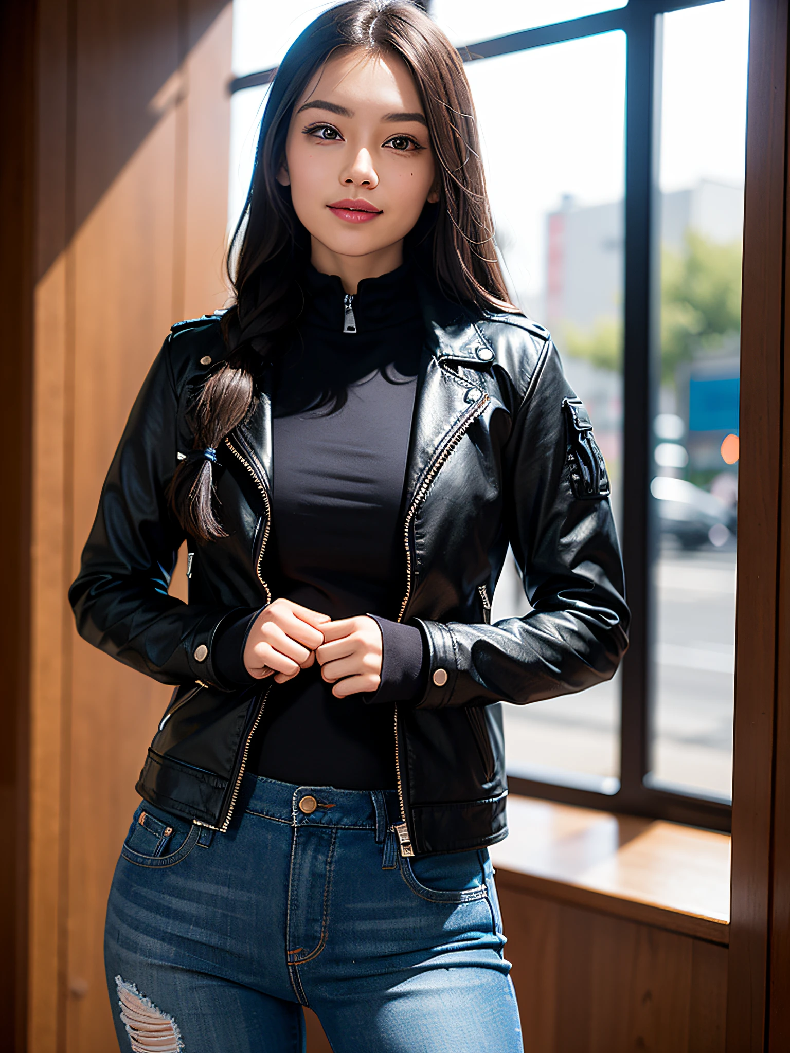 Photo of a 25-year-old Native American Asian mix, stunningly beautiful, halboffene Erdbeerlippe, Pretty round face, easy smile, leuchtend blaue Augen, tiefschwarzes braided hair, detailliertes Gesicht, detailed facial features, feine detaillierte Haut, blasse haut, schwarze vintage motorradjacke, Black jeans with holes, Athletic and trained body, breite Schultern, athletisches Aussehen, highest quality, .RAW