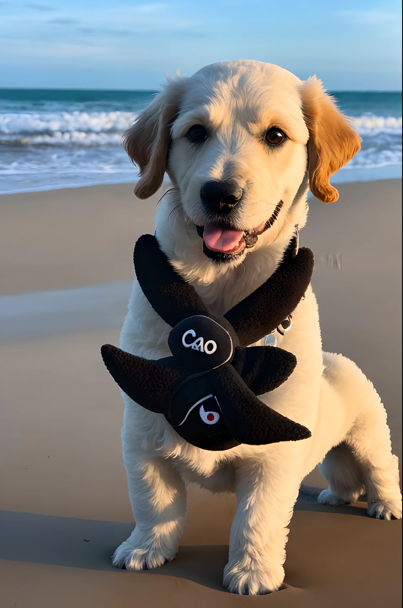 Cao poodle pequeno preto peludo brincando na praia