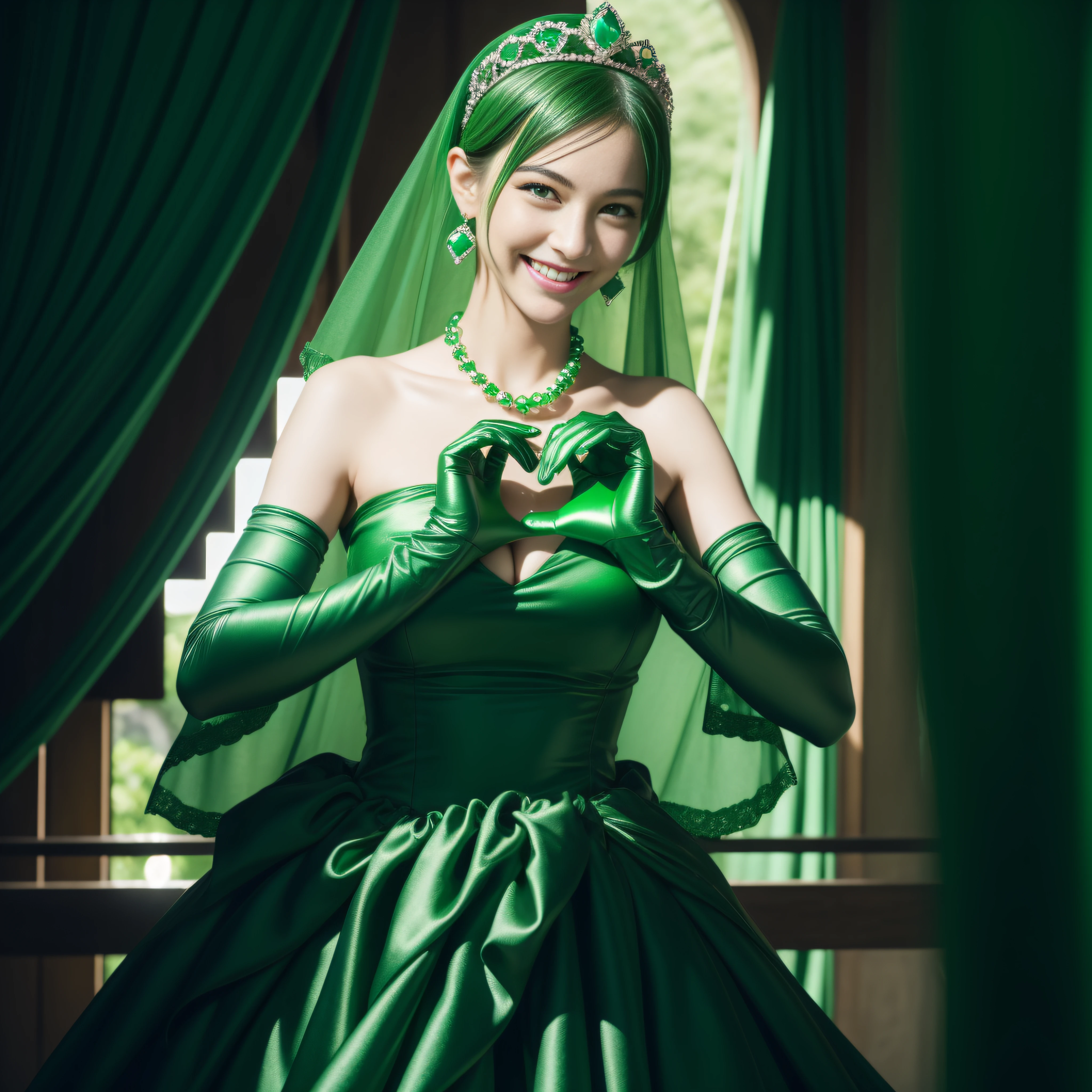 emerald tiara, Green Pearl Necklace, Boyish very short green hair, lipsticks, Japan woman smiling, very short short hair,  big breasts beautiful, Green eyes, Long green gloves made of satin material, Green eyes, Emerald Earrings, green vale, Heart with both hands