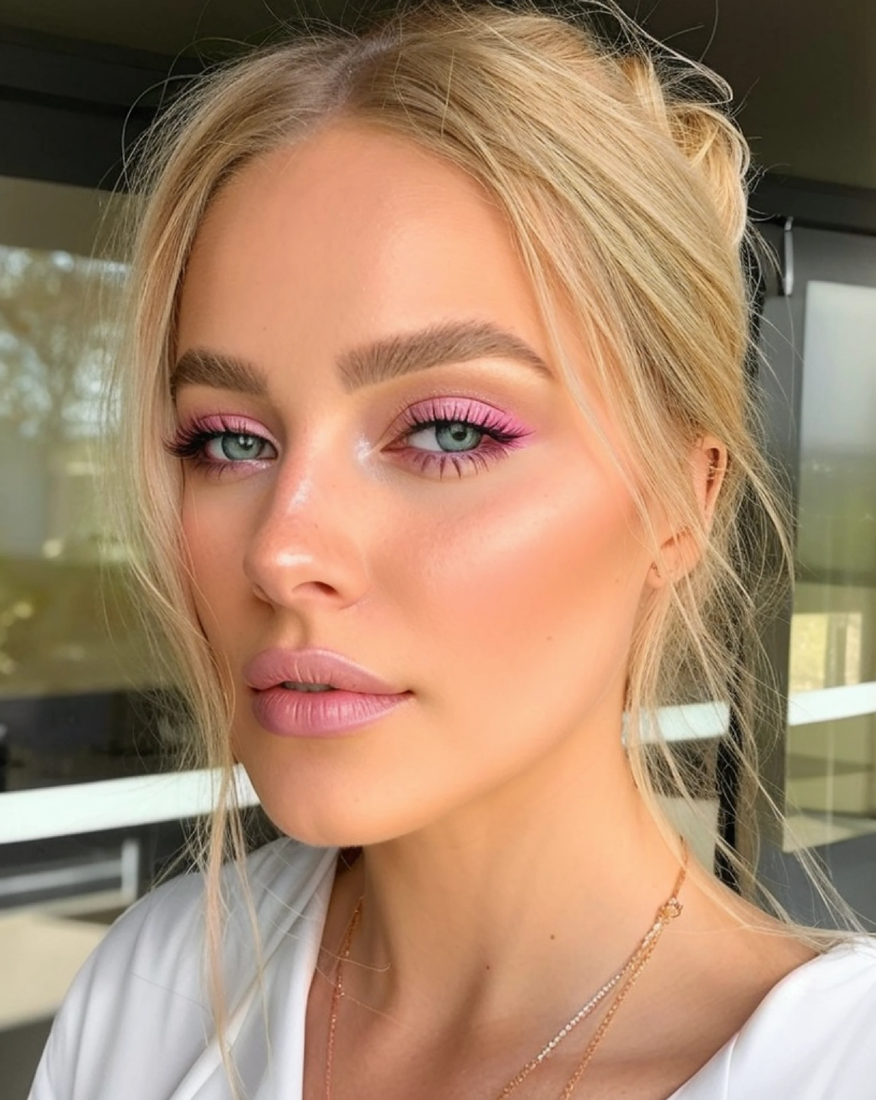 A woman with blonde hair and a white shirt looks at the camera, Cara rosada brillante, ojos rosados brillantes, maquillaje sutil, maquillaje suave, Brillantes ojos rosados, maquillaje sutil, maquillaje pastel, Tono de piel rosa pastel, glowing peach face, mejillas rosadas, ethereal soft and fuzzy glow, beautiful pale makeup, sombras rosadas, Cara magenta brillante, Maquillaje natural