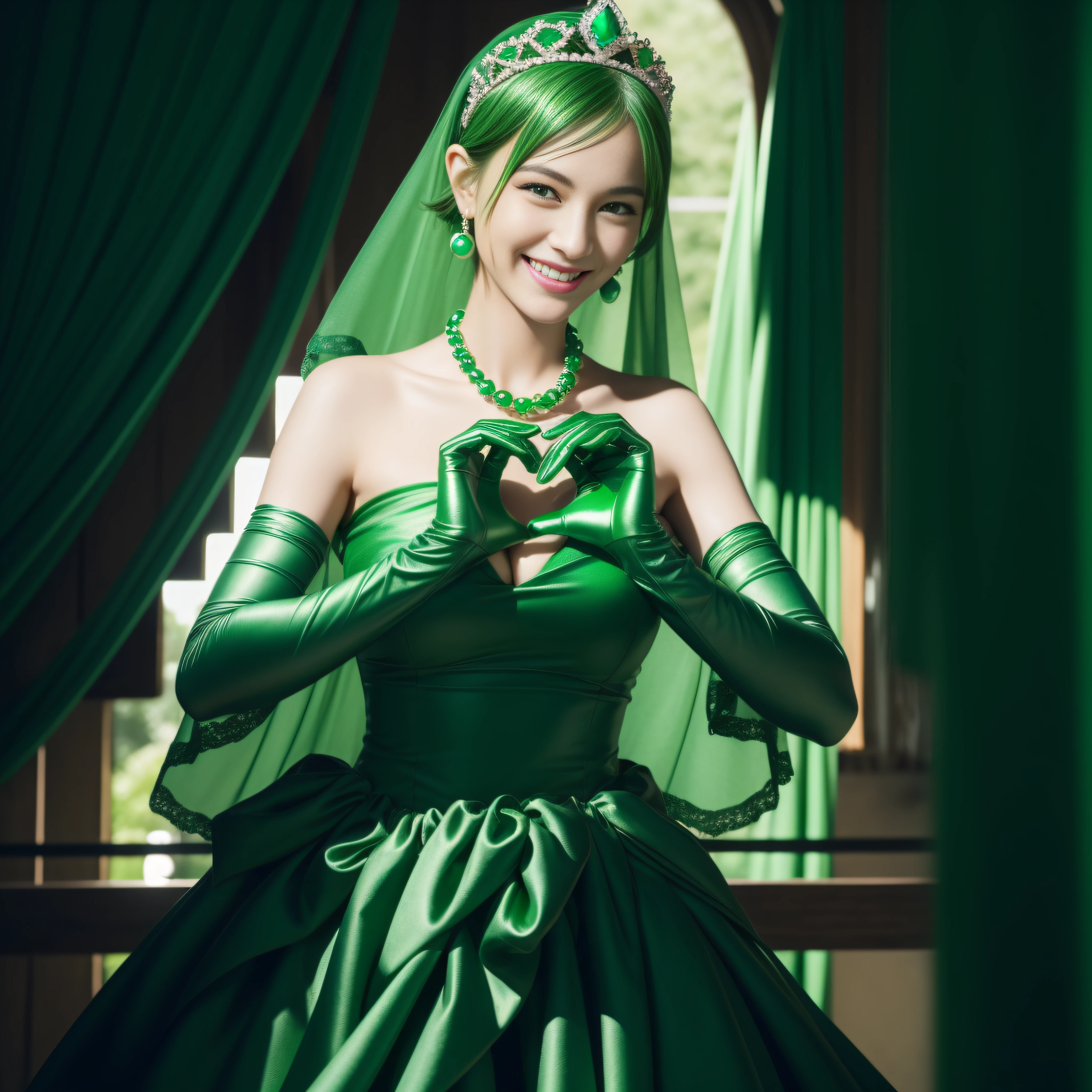 emerald tiara, Green Pearl Necklace, Boyish very short green hair, lipsticks, Japan woman smiling, very short short hair, big breasts beautiful, Green eyes, Long green gloves made of satin material, Green eyes, Emerald Earrings, green vale, Heart with both hands